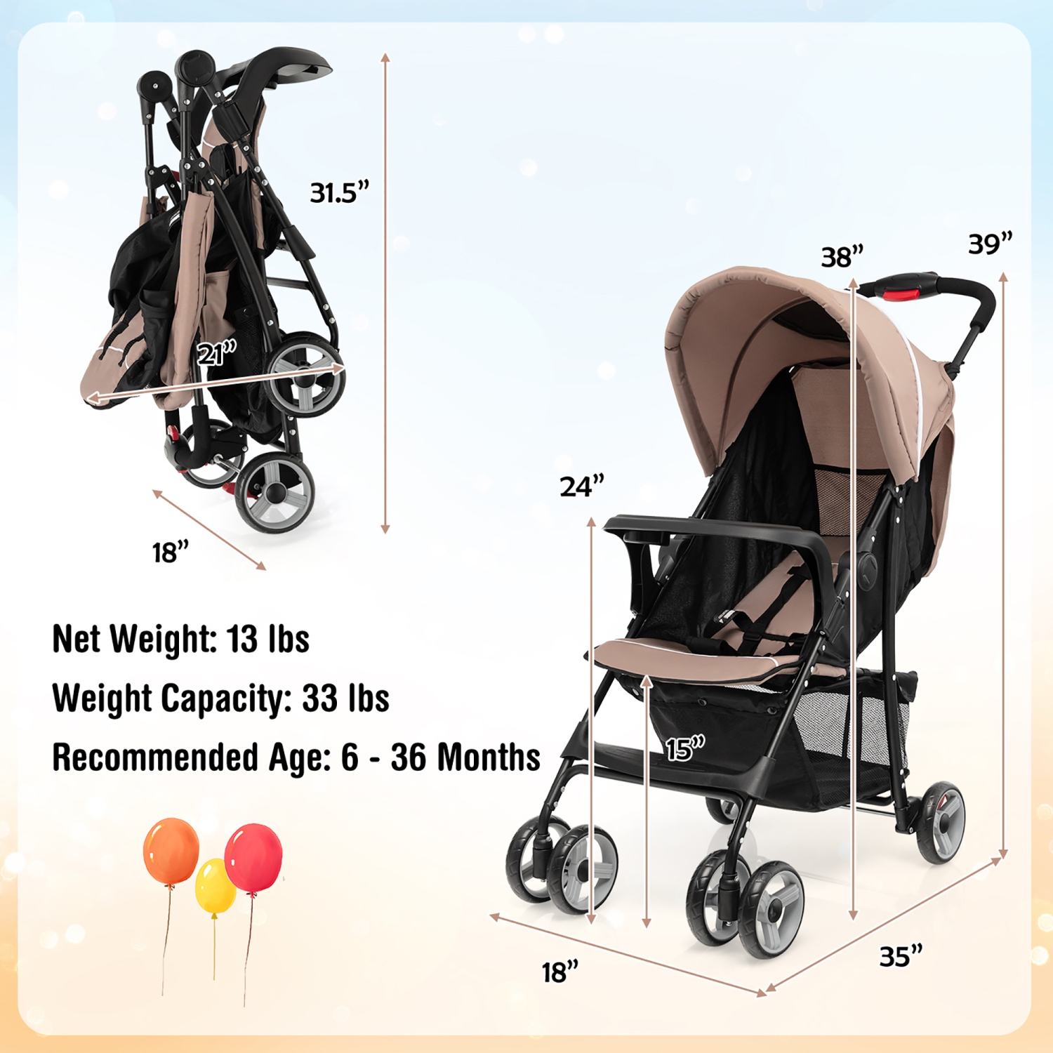 Poussette pliable légère de Costway Système de sécurité à 5 points pour bébé avec poussette pour bébé, café de 0-36 mois