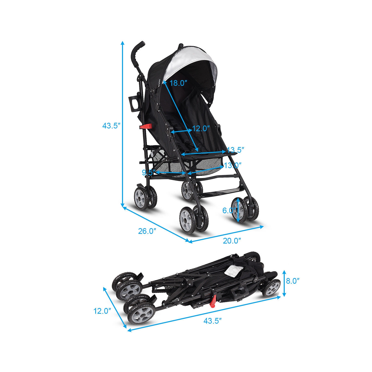 Poussette parapluie légère pliante pour tout-petits de Costway avec panier de rangement noir/rose/vert/orange