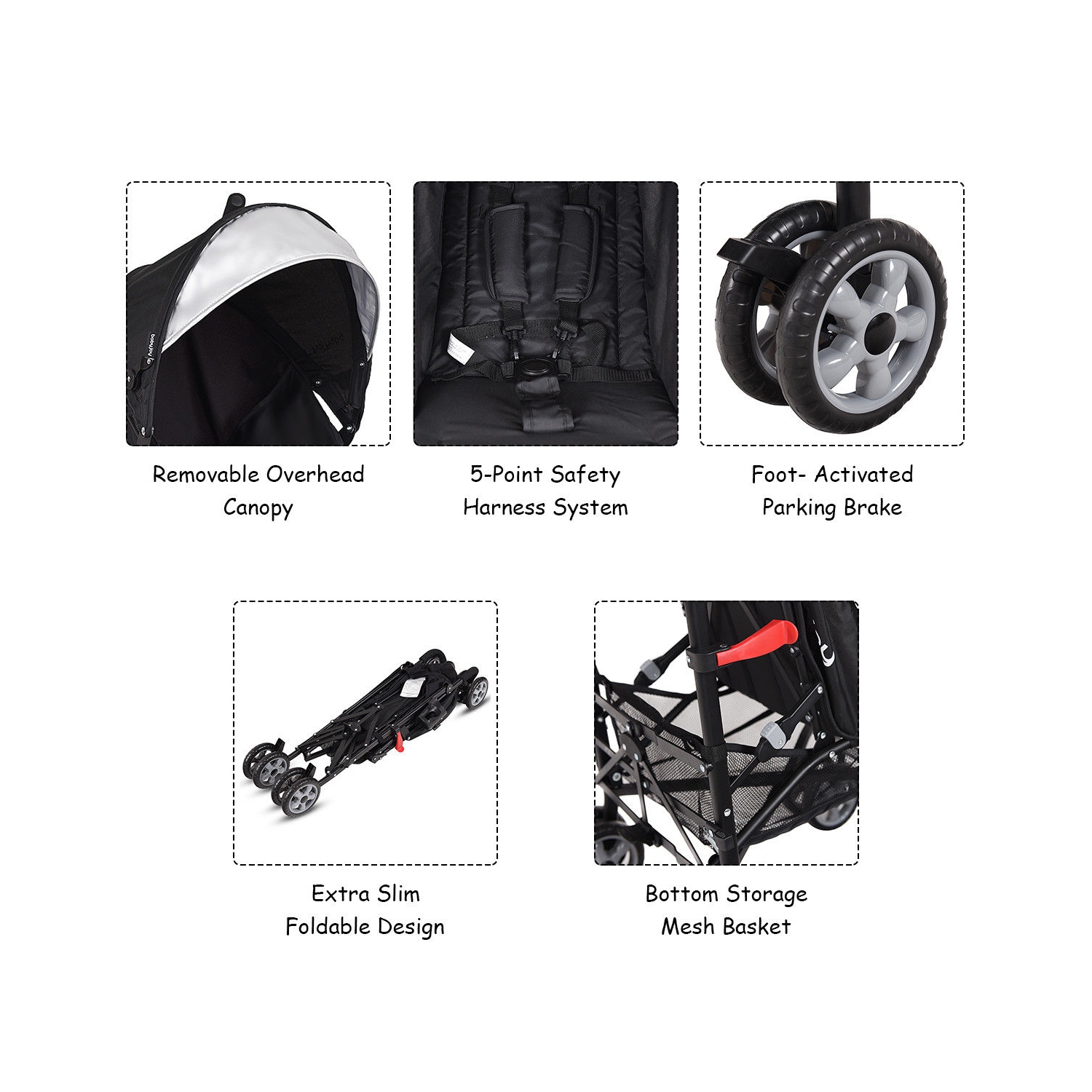 Poussette parapluie légère pliante pour tout-petits de Costway avec panier de rangement noir/rose/vert/orange