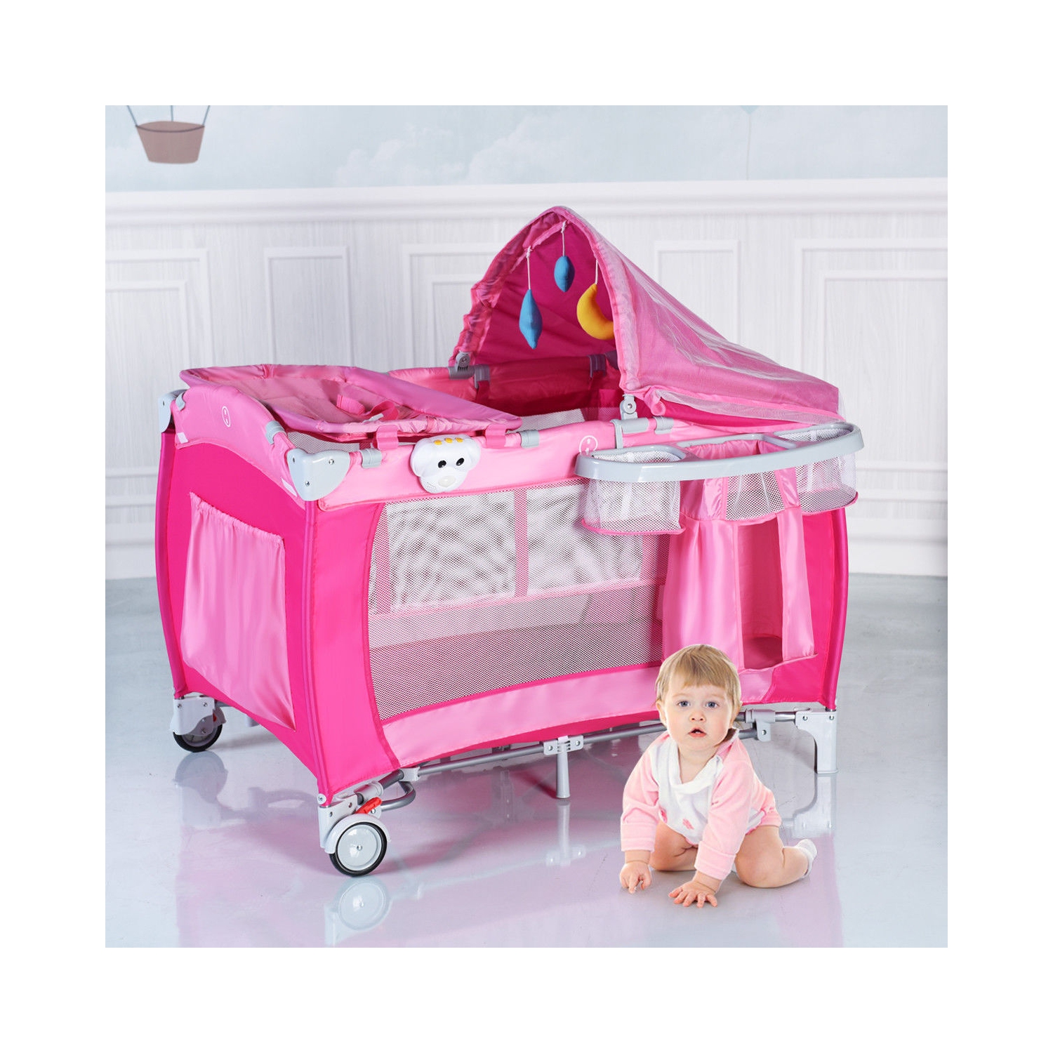 Foldable Baby Crib Playpen Travel Infant Bassinet Bed Mosquito Net Music