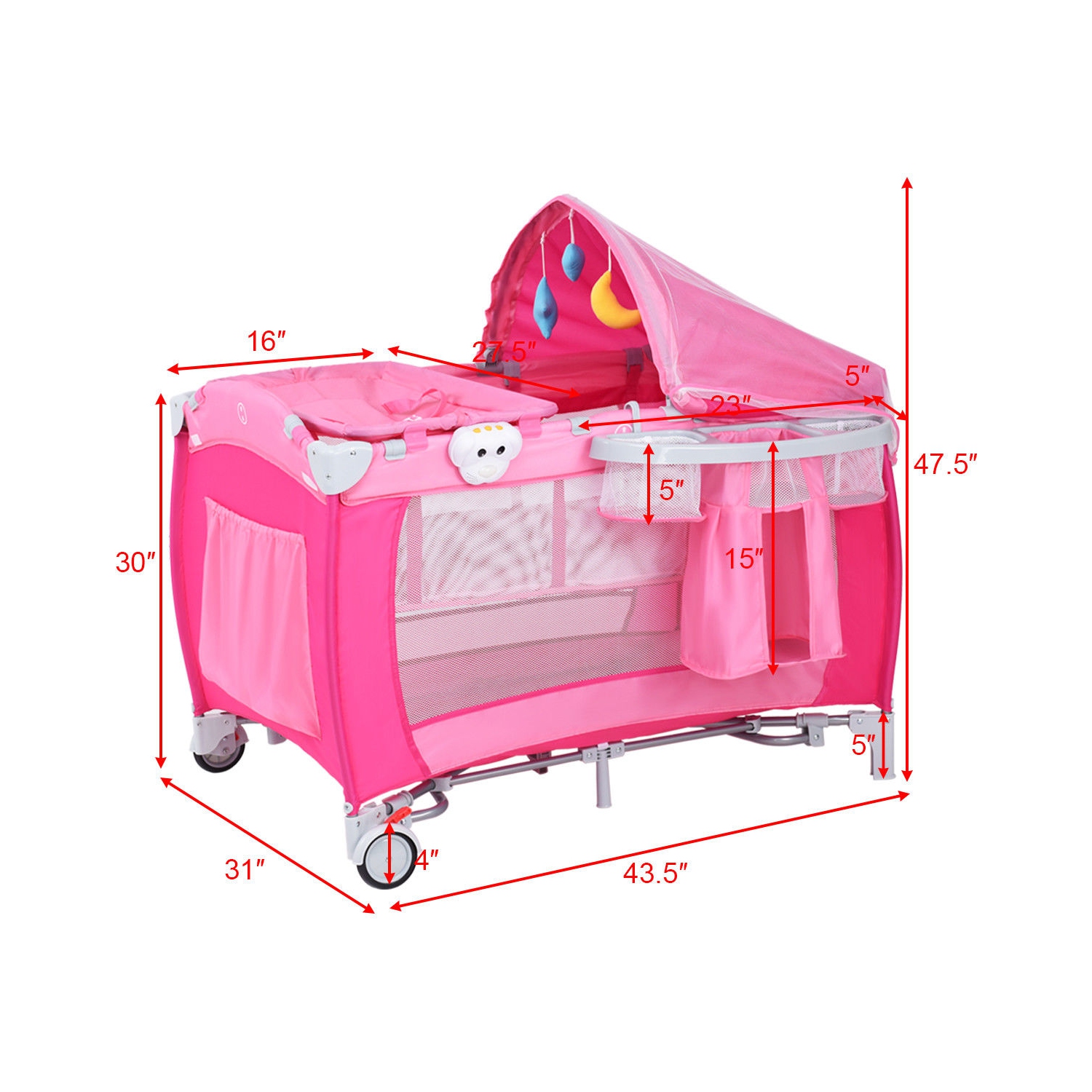 Foldable Baby Crib Playpen Travel Infant Bassinet Bed Mosquito Net Music