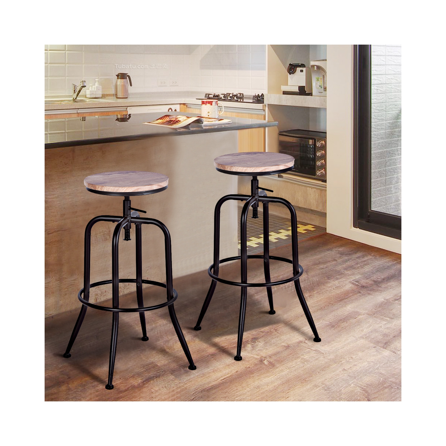 HOMY CASA Vintage Industrial Adjustable Bar Stools Set of 2, 27-30 INCH Counter Height Swivel Bar Stools Counter Stools for Kitchen Counter, Oak