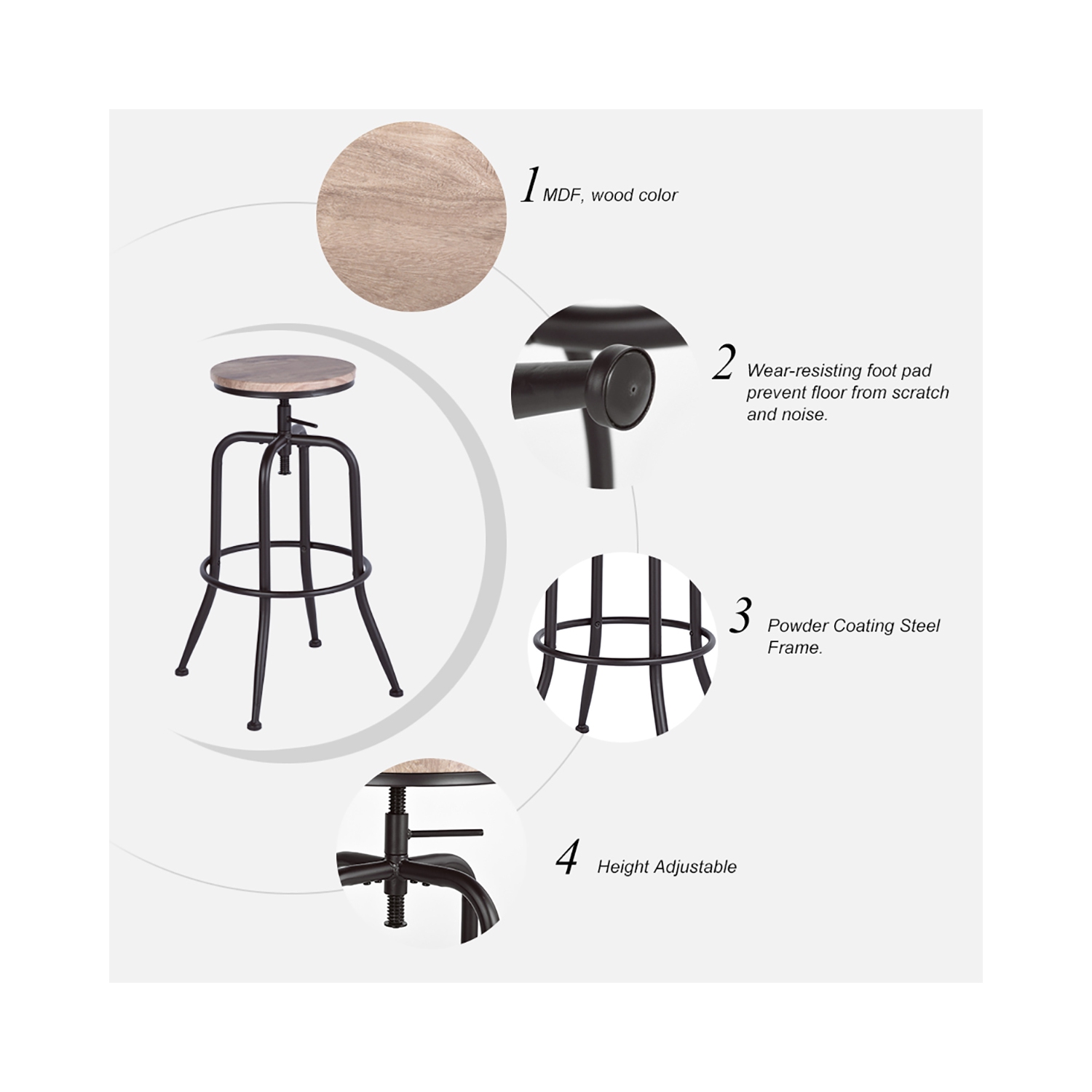HOMY CASA Vintage Industrial Adjustable Bar Stools Set of 2, 27-30 INCH Counter Height Swivel Bar Stools Counter Stools for Kitchen Counter, Oak