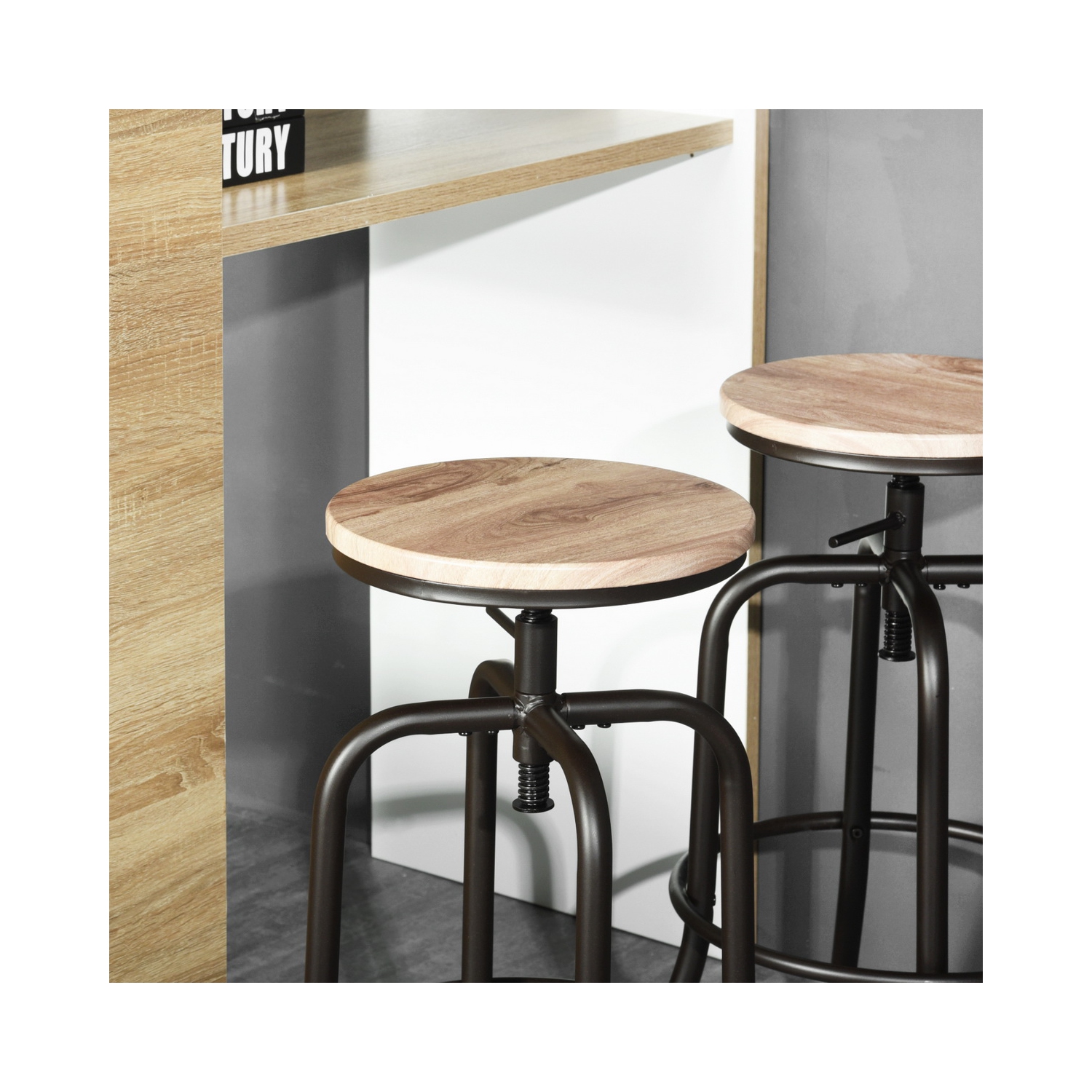 HOMY CASA Vintage Industrial Adjustable Bar Stools Set of 2, 27-30 INCH Counter Height Swivel Bar Stools Counter Stools for Kitchen Counter, Oak