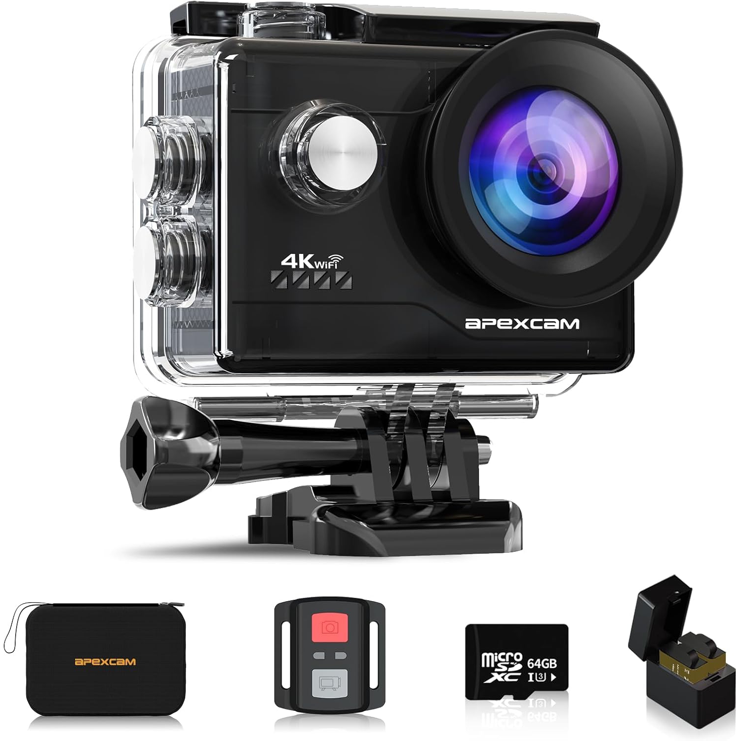 4K WiFi Action Camera with 64GB Memory Card Waterproof Underwater 40M Sport 2.0" LCD 170 ° Wide-Angle 2.4G Remote Control 2X1050mAh Batteries and