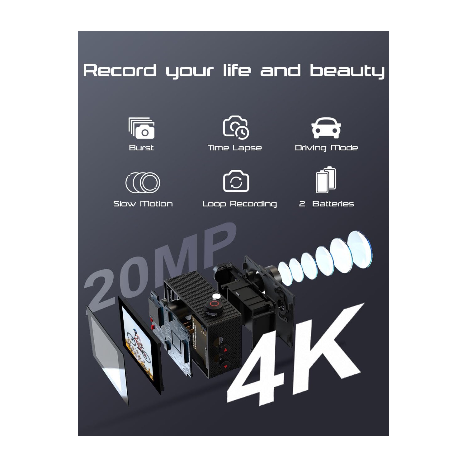 4K WiFi Action Camera with 64GB Memory Card Waterproof Underwater 40M Sport 2.0" LCD 170 ° Wide-Angle 2.4G Remote Control 2X1050mAh Batteries and