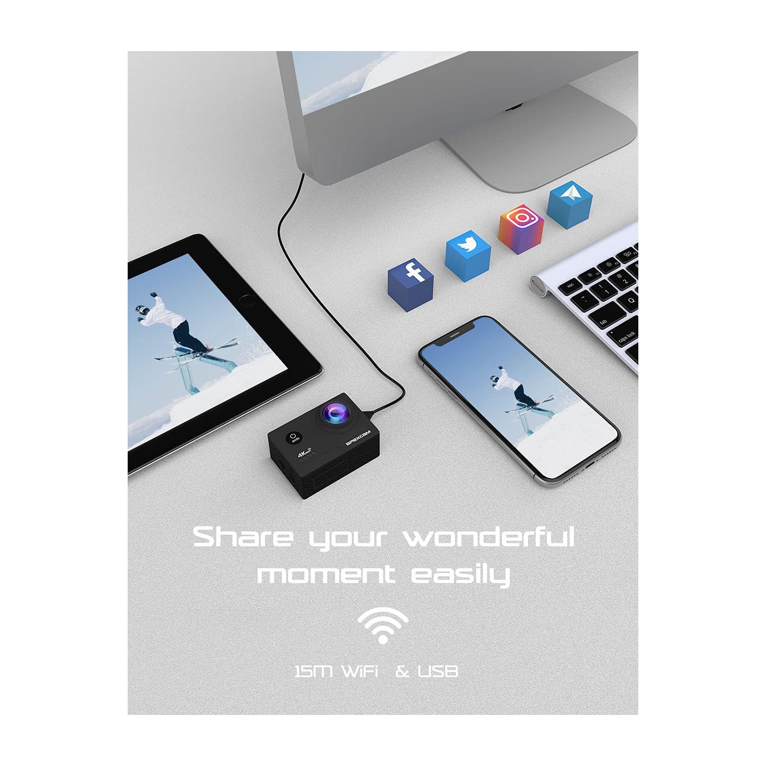 4K WiFi Action Camera with 64GB Memory Card Waterproof Underwater 40M Sport 2.0" LCD 170 ° Wide-Angle 2.4G Remote Control 2X1050mAh Batteries and