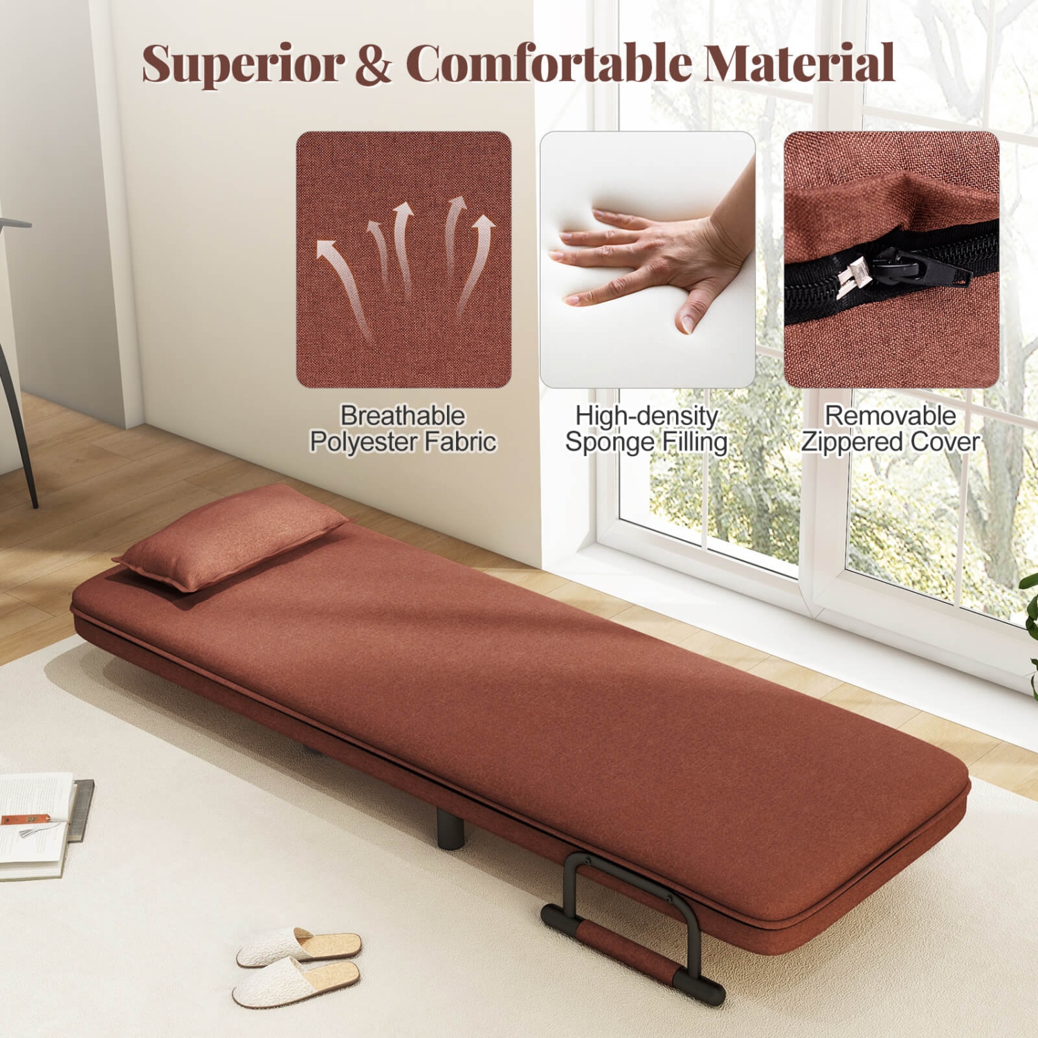 Costway 3-in-1 Convertible Sofa Bed with 5-Position Adjustable Backrest & Lumbar Pillow Brown