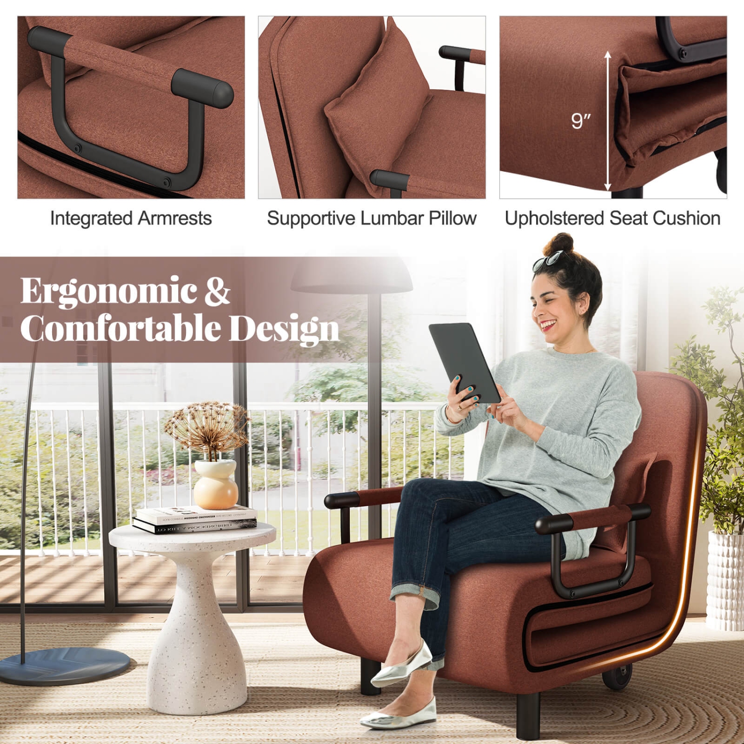 Costway 3-in-1 Convertible Sofa Bed with 5-Position Adjustable Backrest & Lumbar Pillow Brown