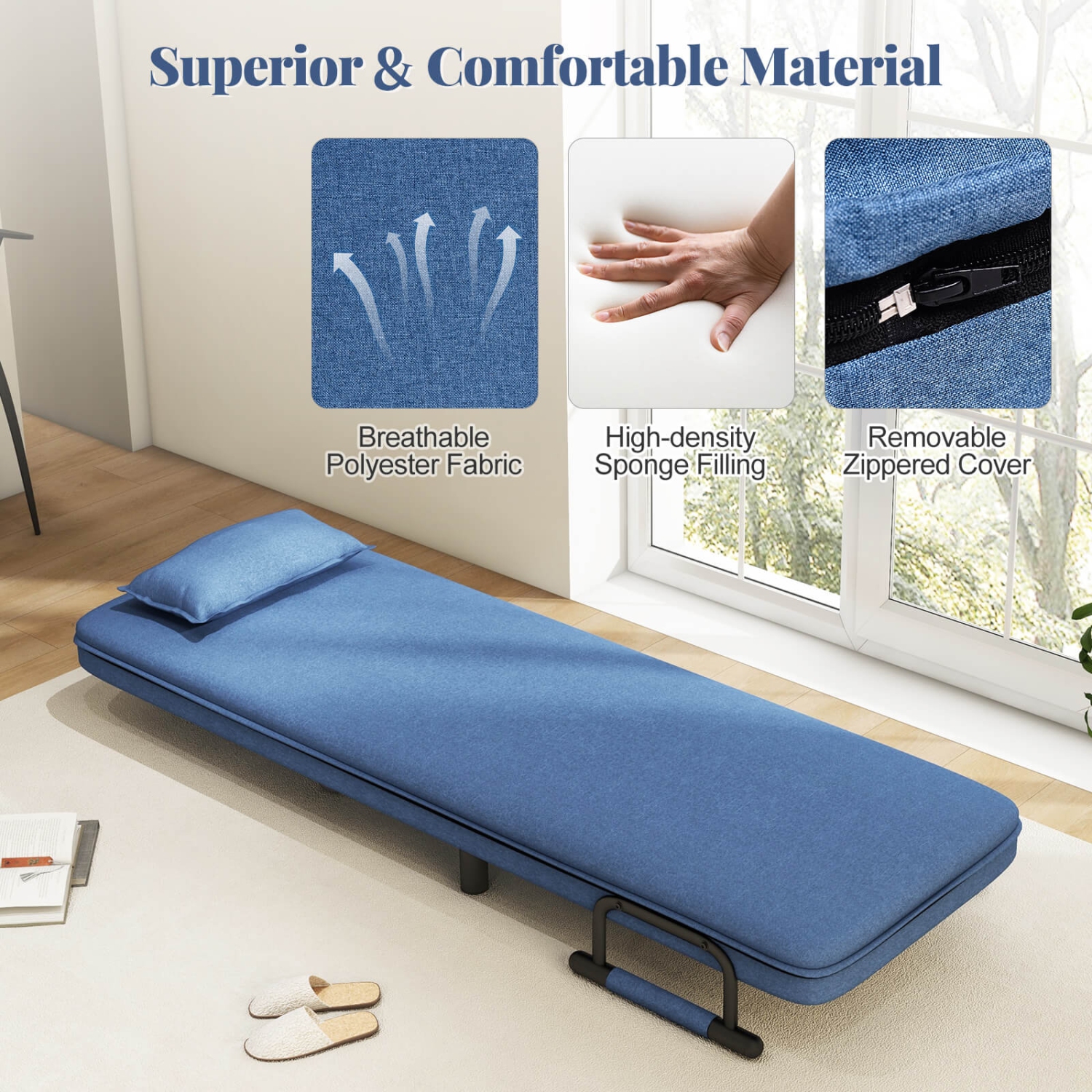 Costway 3-in-1 Convertible Sofa Bed with 5-Position Adjustable Backrest & Lumbar Pillow Blue