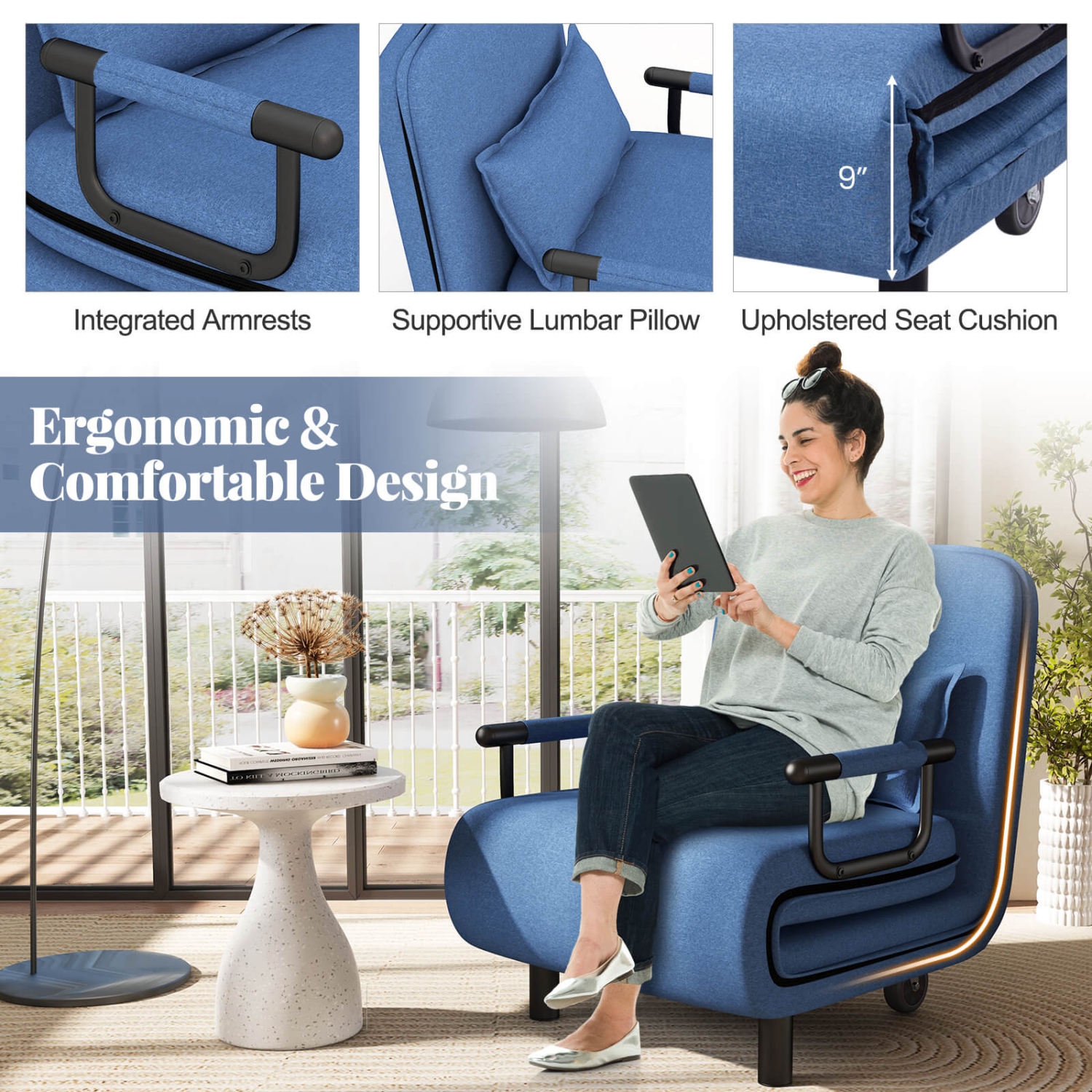 Costway 3-in-1 Convertible Sofa Bed with 5-Position Adjustable Backrest & Lumbar Pillow Blue