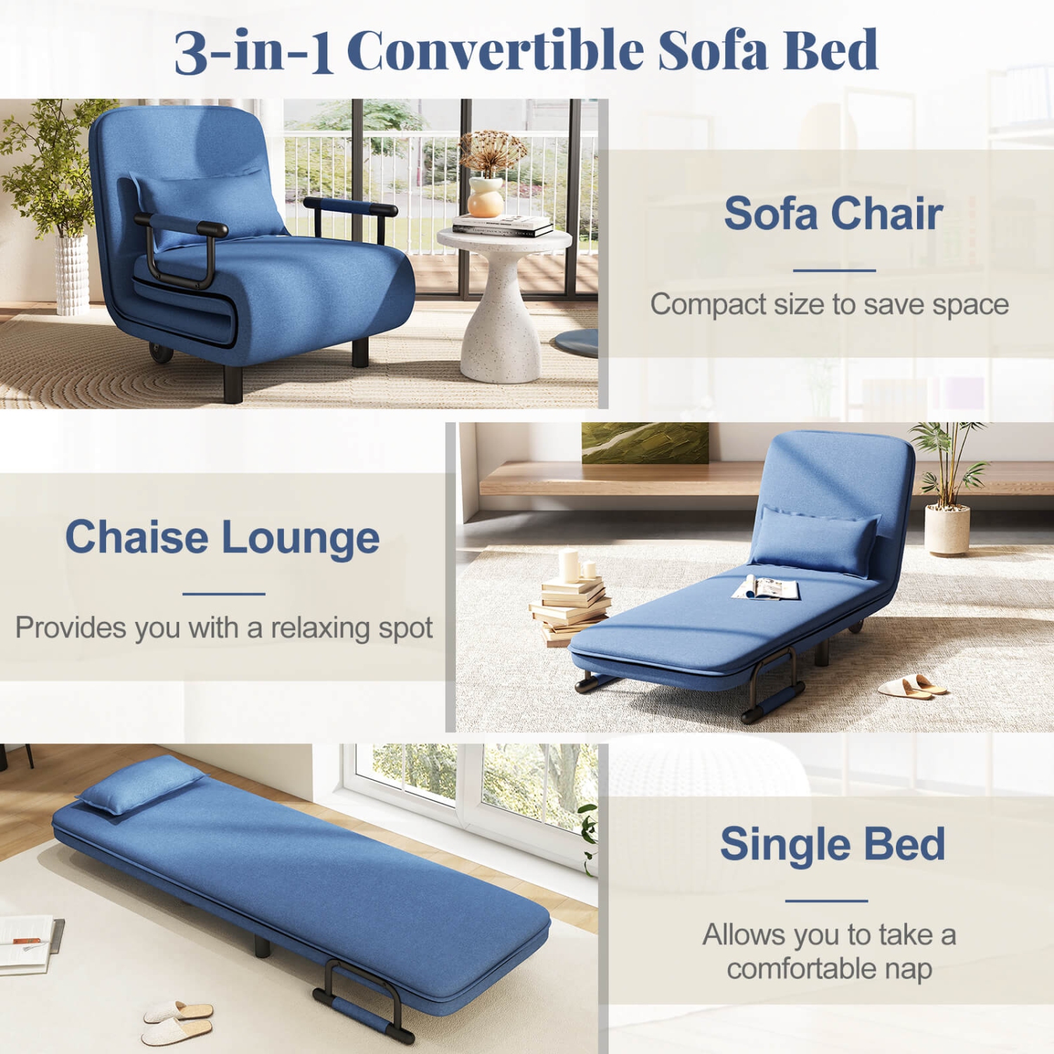 Costway 3-in-1 Convertible Sofa Bed with 5-Position Adjustable Backrest & Lumbar Pillow Blue