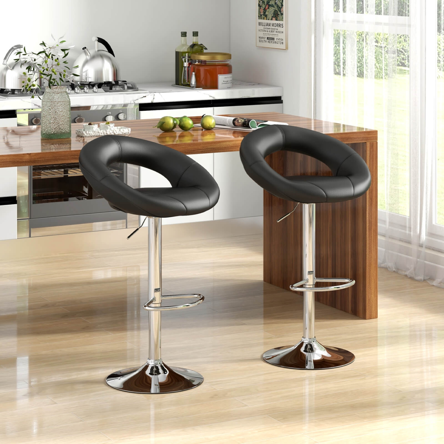 Costway Swivel Bar Stool Set of 2 Modern PU Leather Pub Stools with Hollow Back & Footrest