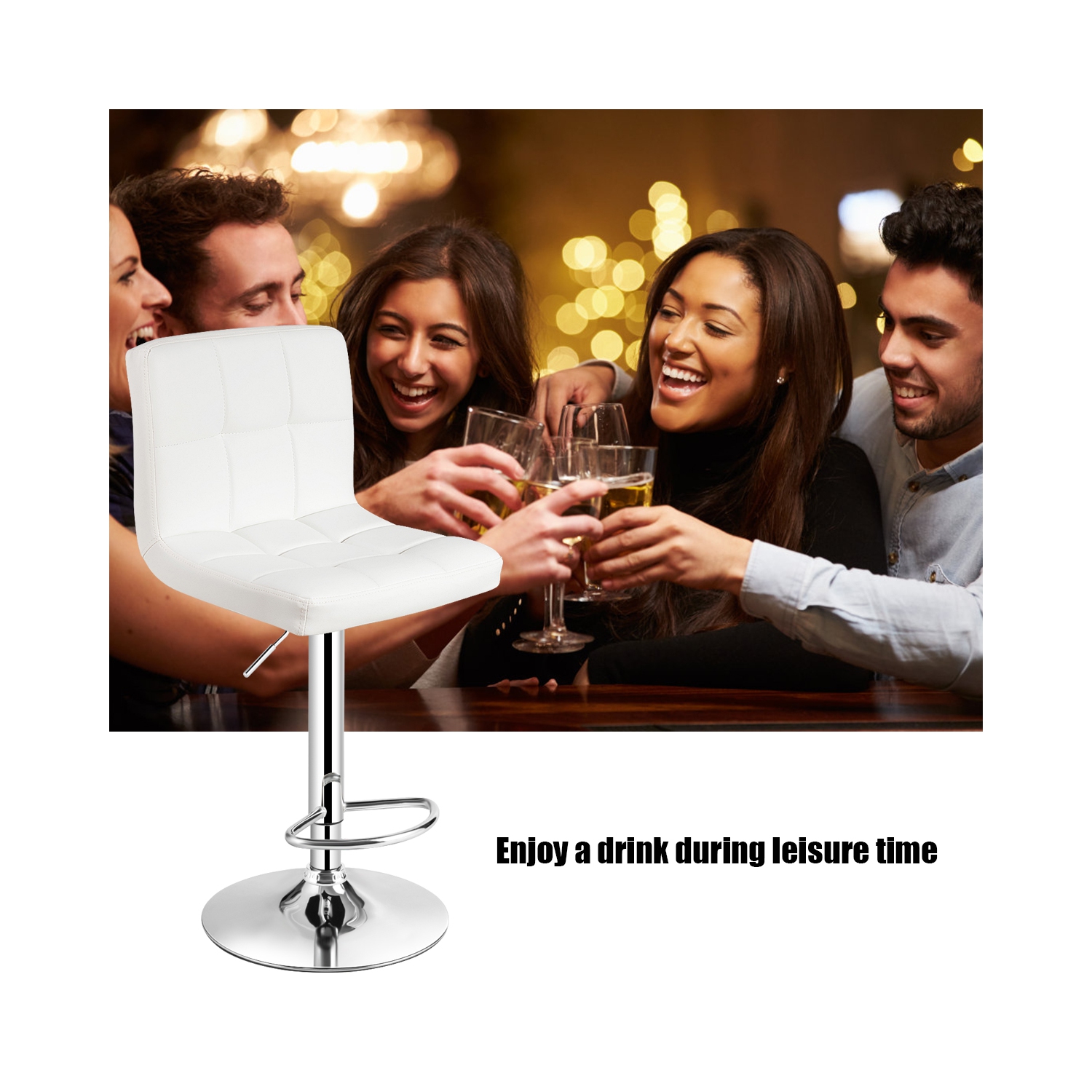 Lot de 2 tabourets de bar réglables en cuir PU, pivotants, pour cuisine, comptoir et pub, coloris blanc