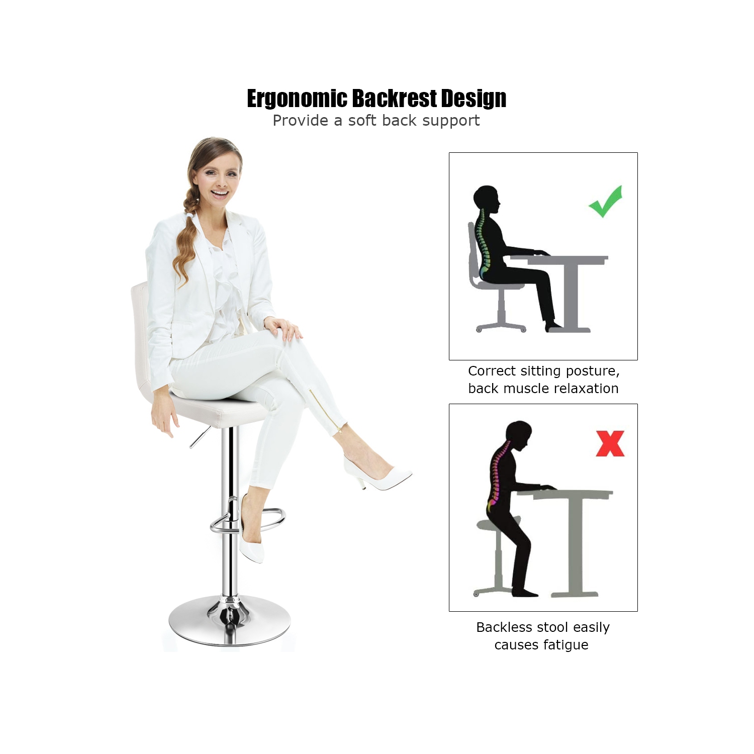 Lot de 2 tabourets de bar réglables en cuir PU, pivotants, pour cuisine, comptoir et pub, coloris blanc