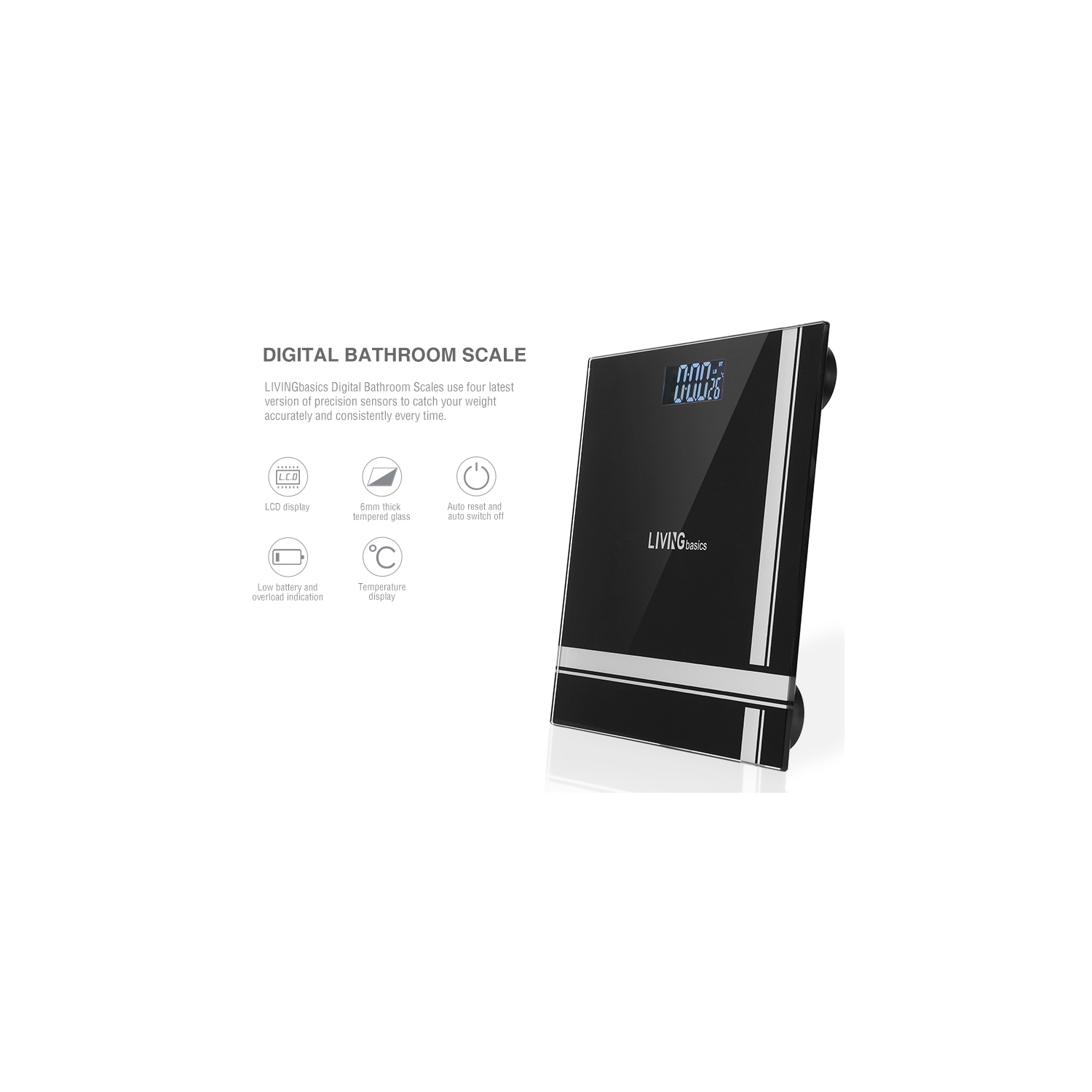 Bathroom Bath Scale, Digital Body Weight Glass Scale with Smart Step-on Technology and Temperature Display 396lb Capacity