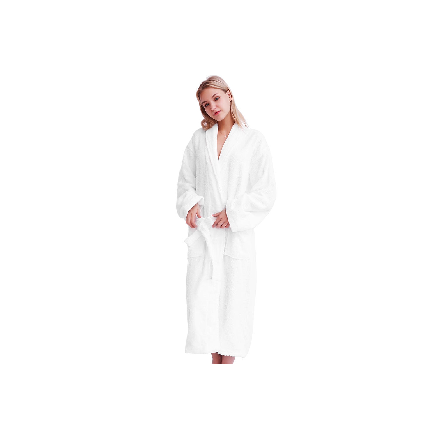 Peignoir pleine longueur pour femmes, pyjama 100 % coton éponge doux et long peignoir Spa Kimono, blanc, grand
