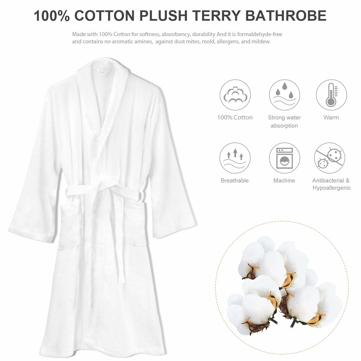 Peignoir pleine longueur pour femmes, pyjama 100 % coton éponge doux et long peignoir Spa Kimono, blanc, grand