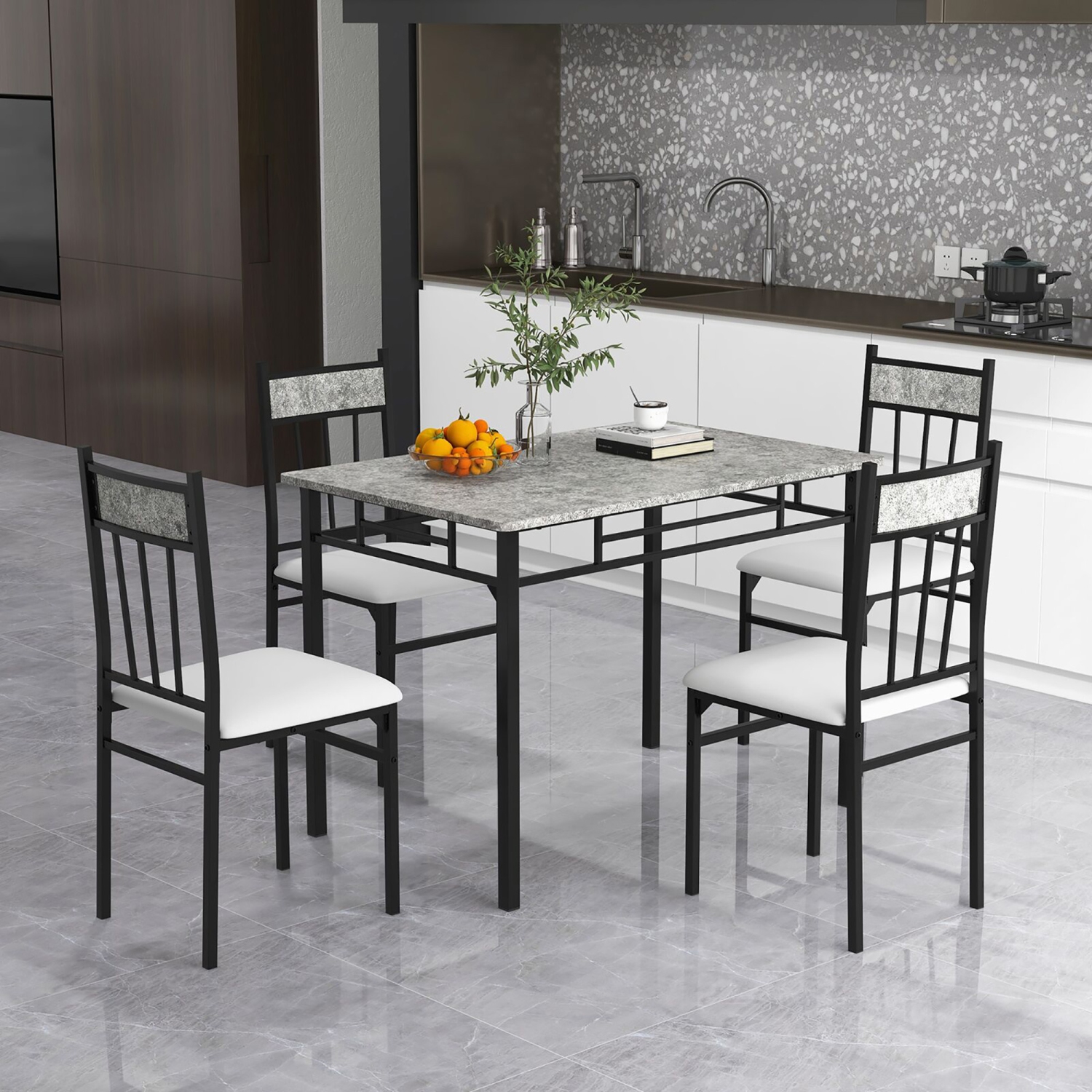 Costway 5 Piece Dining Set Faux Marble Top Table and 4 Padded Seat Chairs w/ Metal Legs