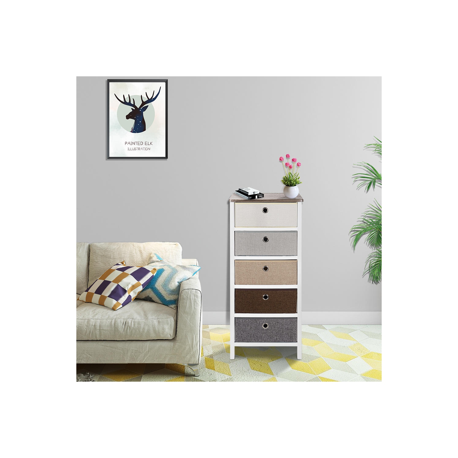 SortWise 5 Drawer Dresser MDF Nightstand End Table Durable Storage Organizer for Bedroom Dorm Room Apartment