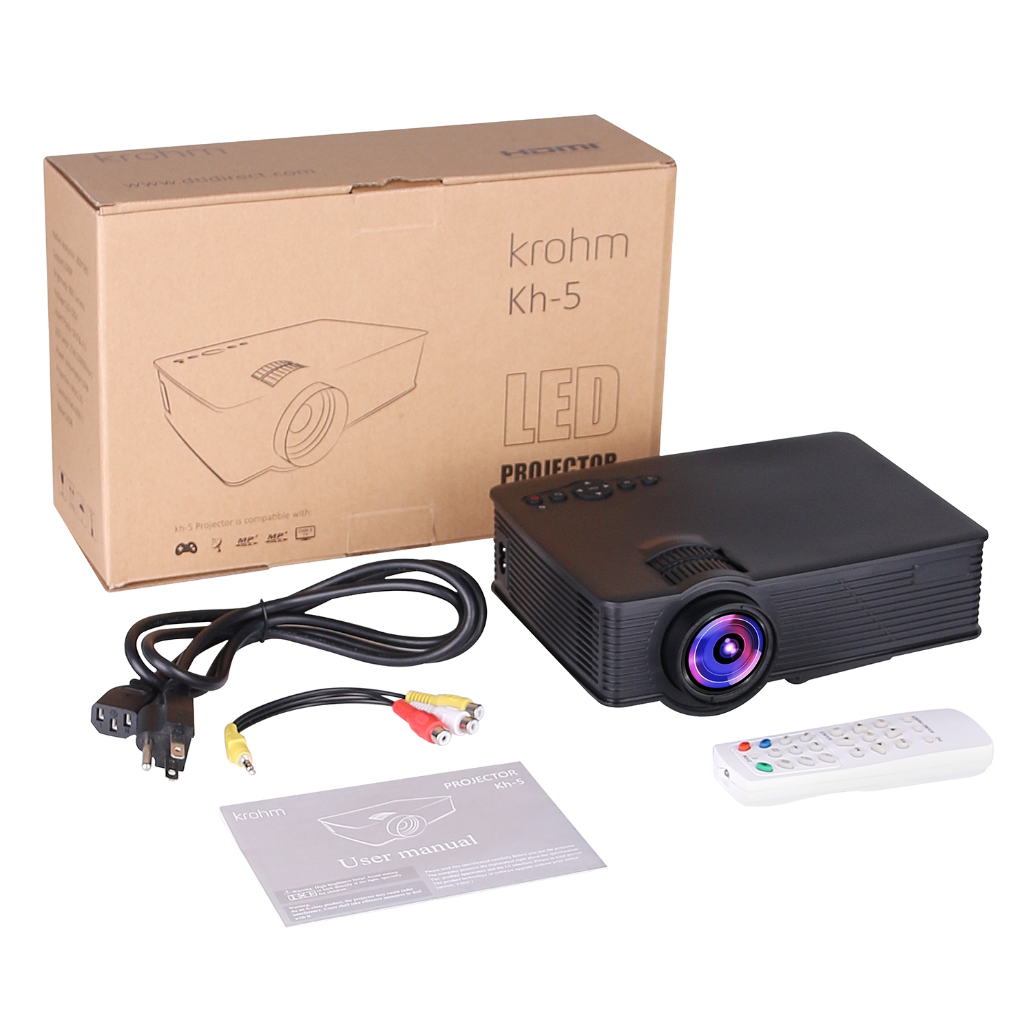 Projecteur vidéo DEL HD 720P de Krohm avec image jusqu’à 120 po! Longue durée de vie de la lampe de 20.000 heures, connexions AV/VGA/HDMI/USD/SD