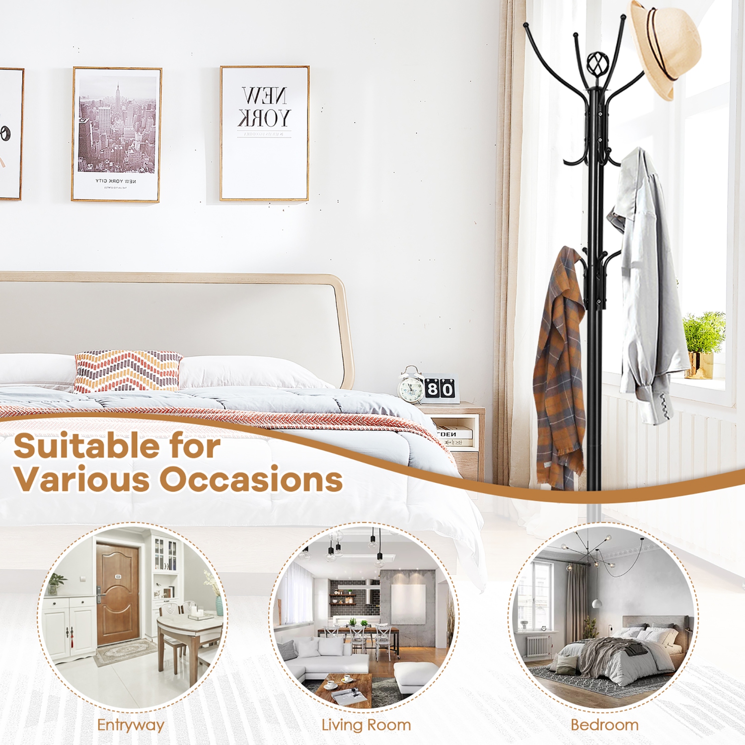 Costway 78" Metal Coat Rack Free Standing Tree Hat Umbrella Holder Hanger Hooks Black