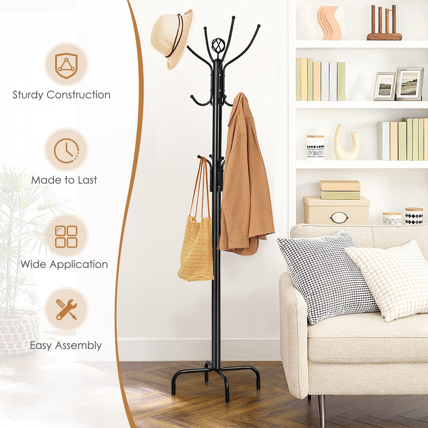 Costway 78" Metal Coat Rack Free Standing Tree Hat Umbrella Holder Hanger Hooks Black
