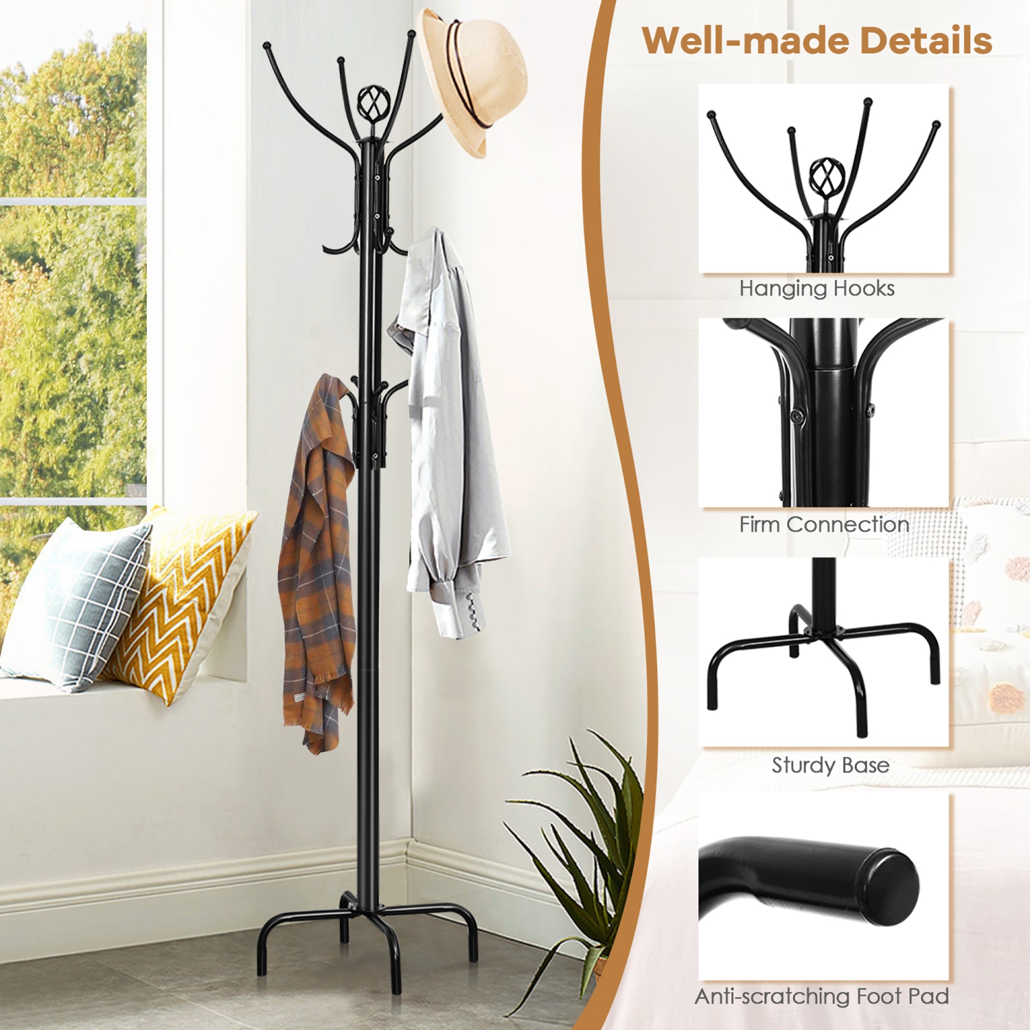 Costway 78" Metal Coat Rack Free Standing Tree Hat Umbrella Holder Hanger Hooks Black
