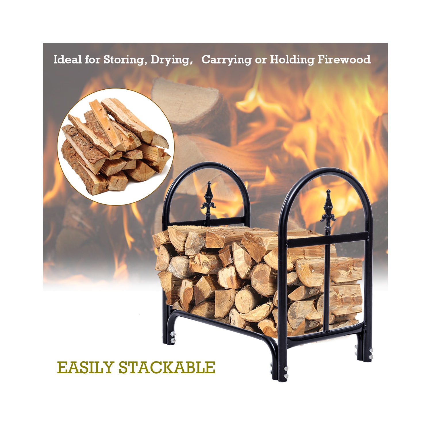 2 Feet Outdoor Heavy Duty Steel Firewood Log Rack Wood Storage Holder Black