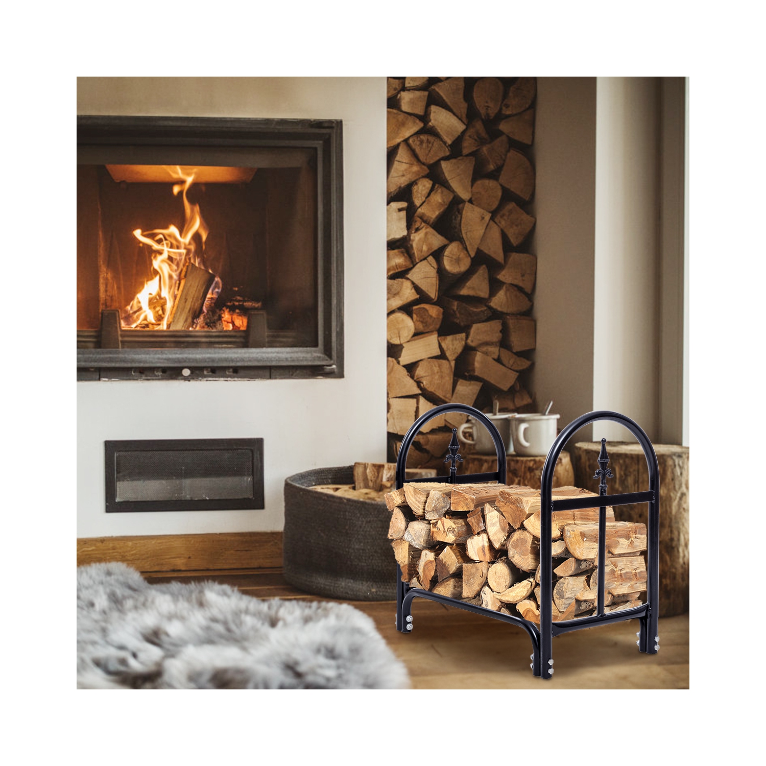 2 Feet Outdoor Heavy Duty Steel Firewood Log Rack Wood Storage Holder Black