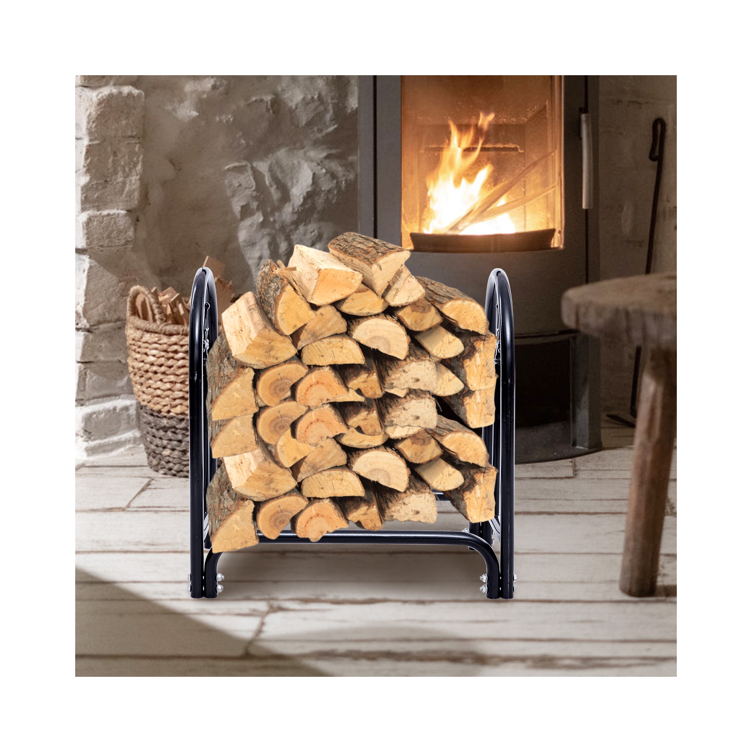 2 Feet Outdoor Heavy Duty Steel Firewood Log Rack Wood Storage Holder Black