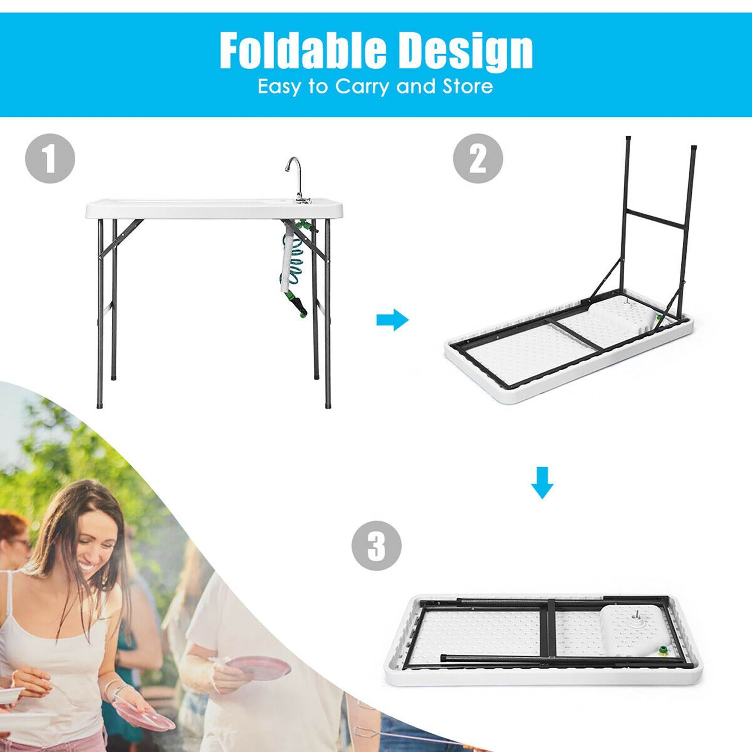 Costway Folding Fish Table Hunting Cleaning Cutting Camping Sink Faucet w/ Sprayer