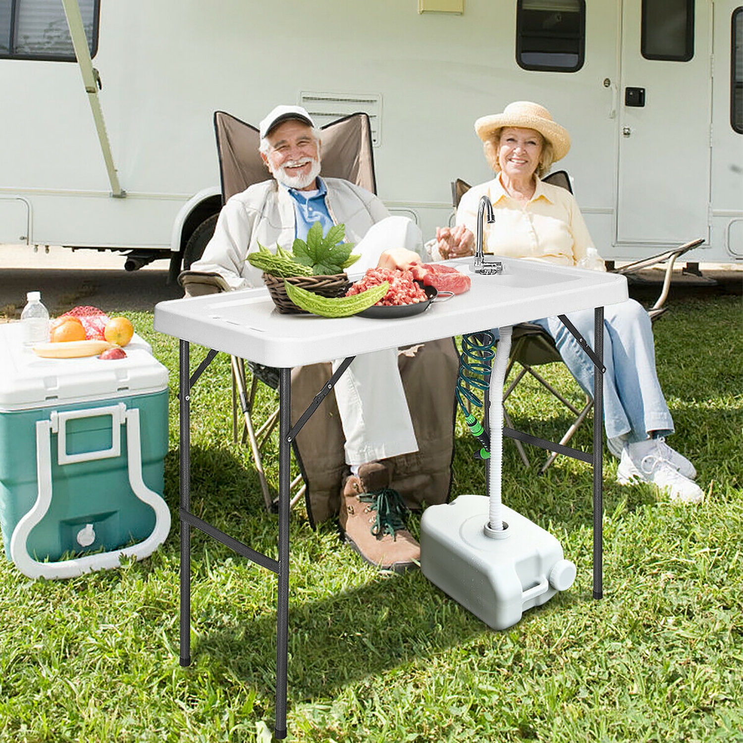 Costway Folding Fish Table Hunting Cleaning Cutting Camping Sink Faucet w/ Sprayer