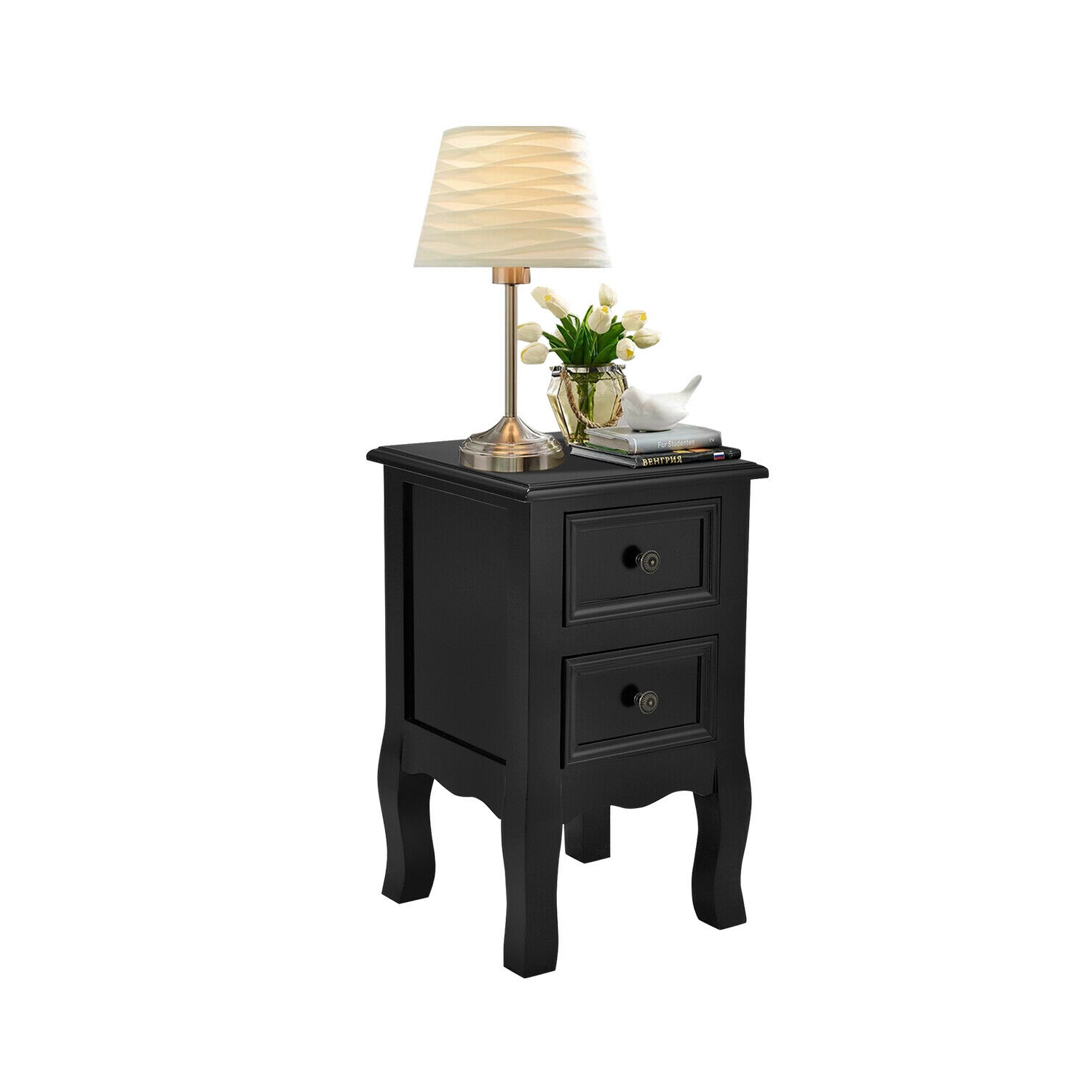 Costway Black Night Stand w/ 2 Storage Drawers, Wood End Accent Table