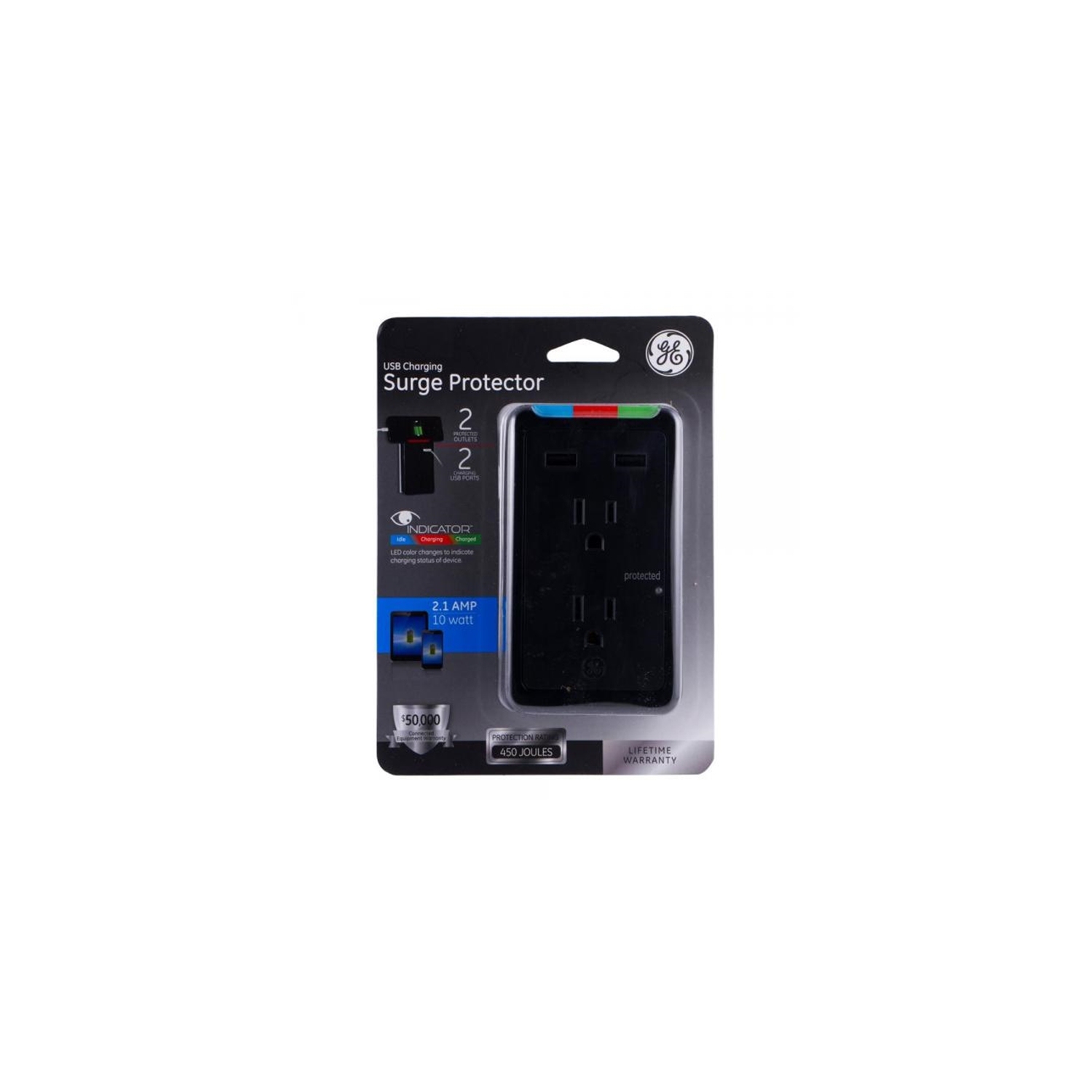 GE 28685 Wall Tap Surge Protector 2 Outlets, 2 USB Ports 450 Joules Black