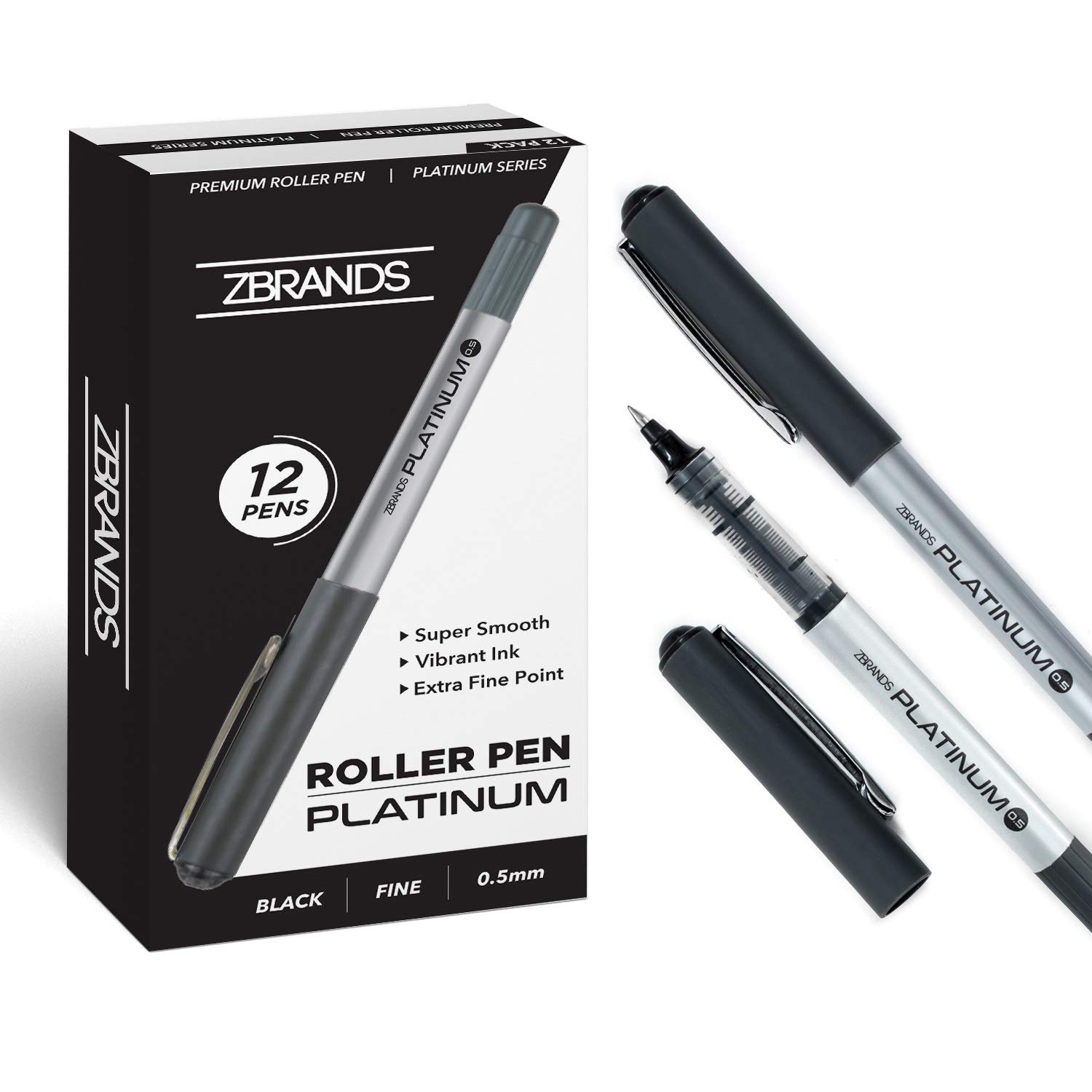 ZBRANDS // Microball Roller Pens, Micro Point, Platinum Rollerball Pen, 12-Pack, (Midnight Black)