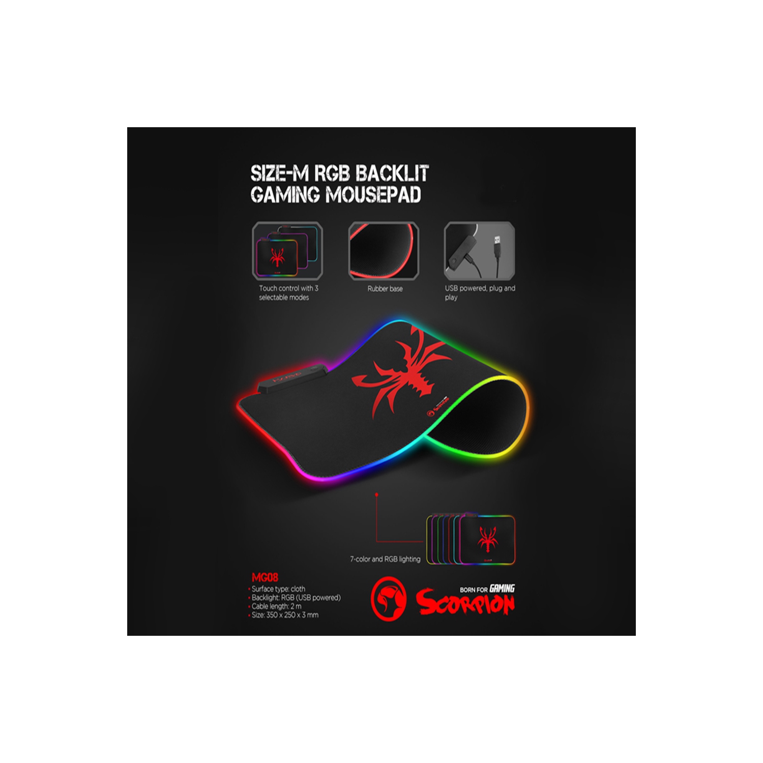 Marvo MG08 Size-M 350 x 250mm RGB Backlit Gaming Mouse Pad