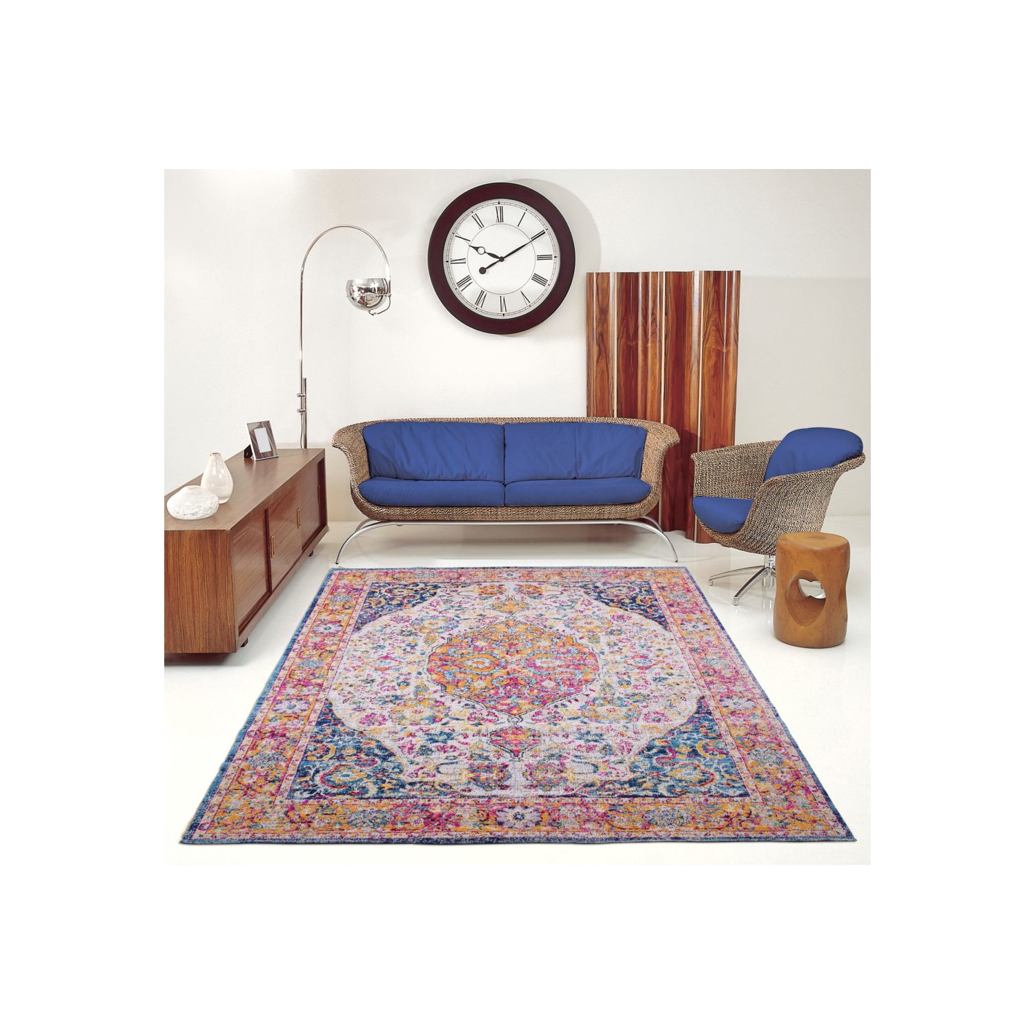 Florida Cream Blue Traditional Indoor/Outdoor Area Rug 7'10" x 10'5"