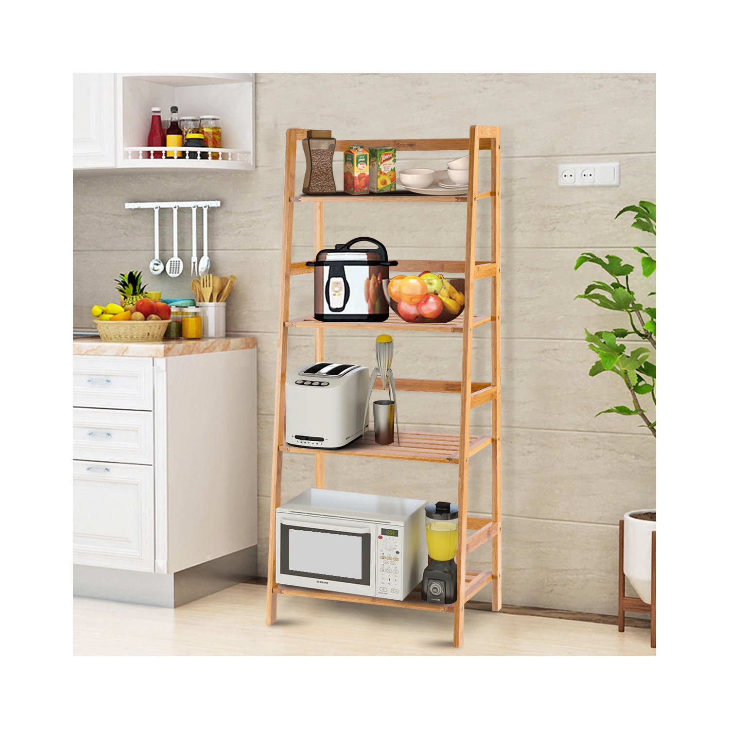 Étagère de Rangement avec 4 Tablettes en Bambou, Etagère de Fleurs, Meuble de Rangement de Salle de Bain, Bibliothèque pour Bureau, Salon, Cuisine,