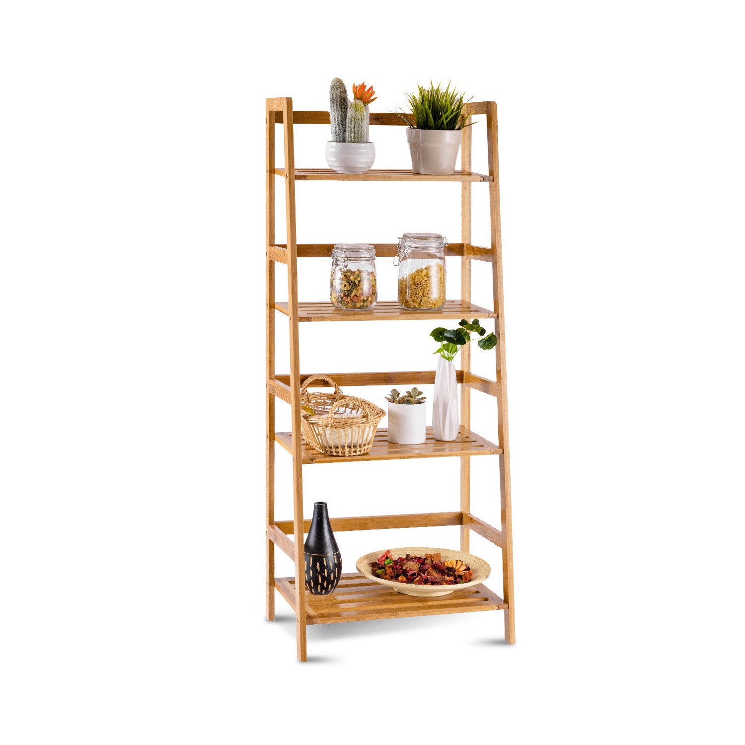 Étagère de Rangement avec 4 Tablettes en Bambou, Etagère de Fleurs, Meuble de Rangement de Salle de Bain, Bibliothèque pour Bureau, Salon, Cuisine,