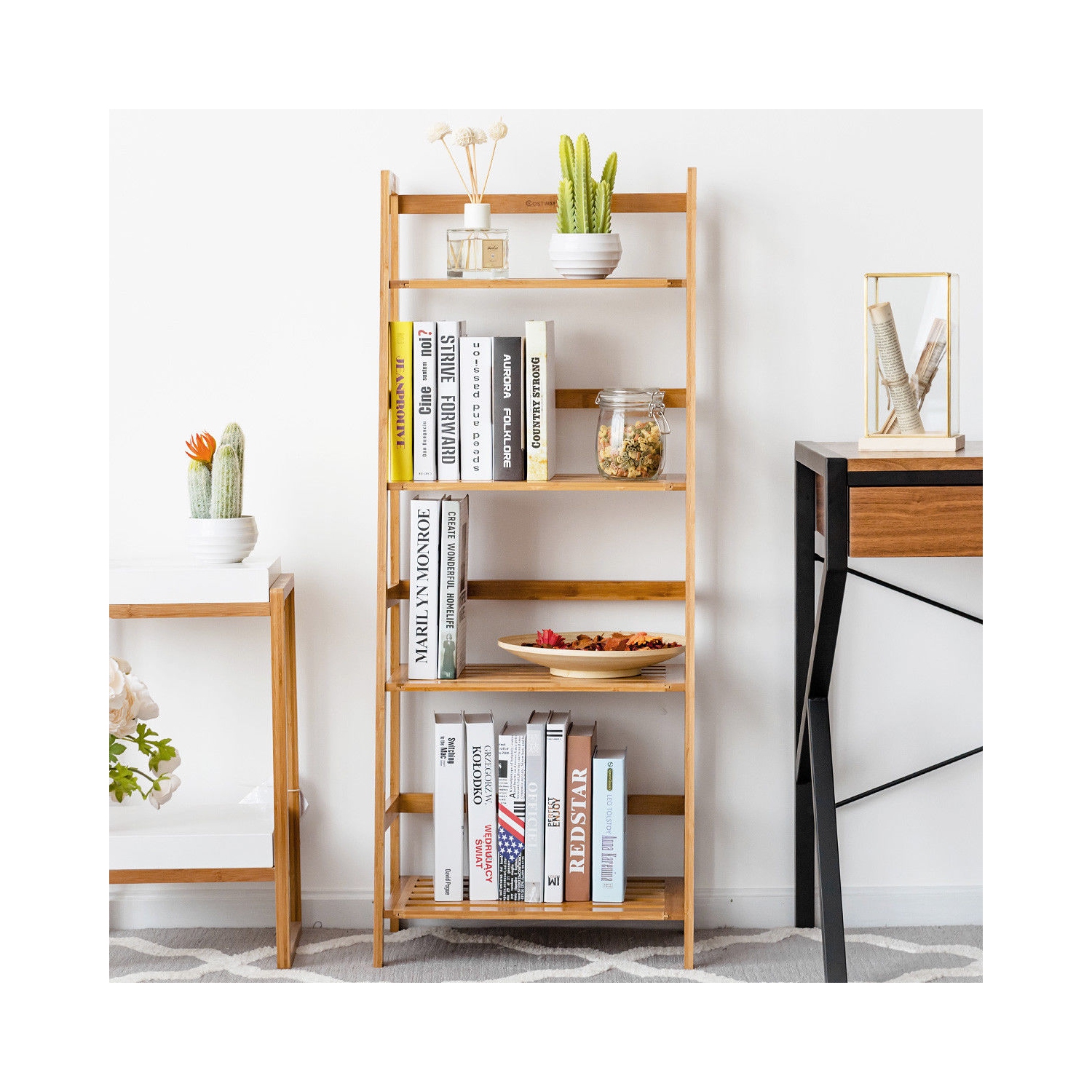 Étagère de Rangement avec 4 Tablettes en Bambou, Etagère de Fleurs, Meuble de Rangement de Salle de Bain, Bibliothèque pour Bureau, Salon, Cuisine,