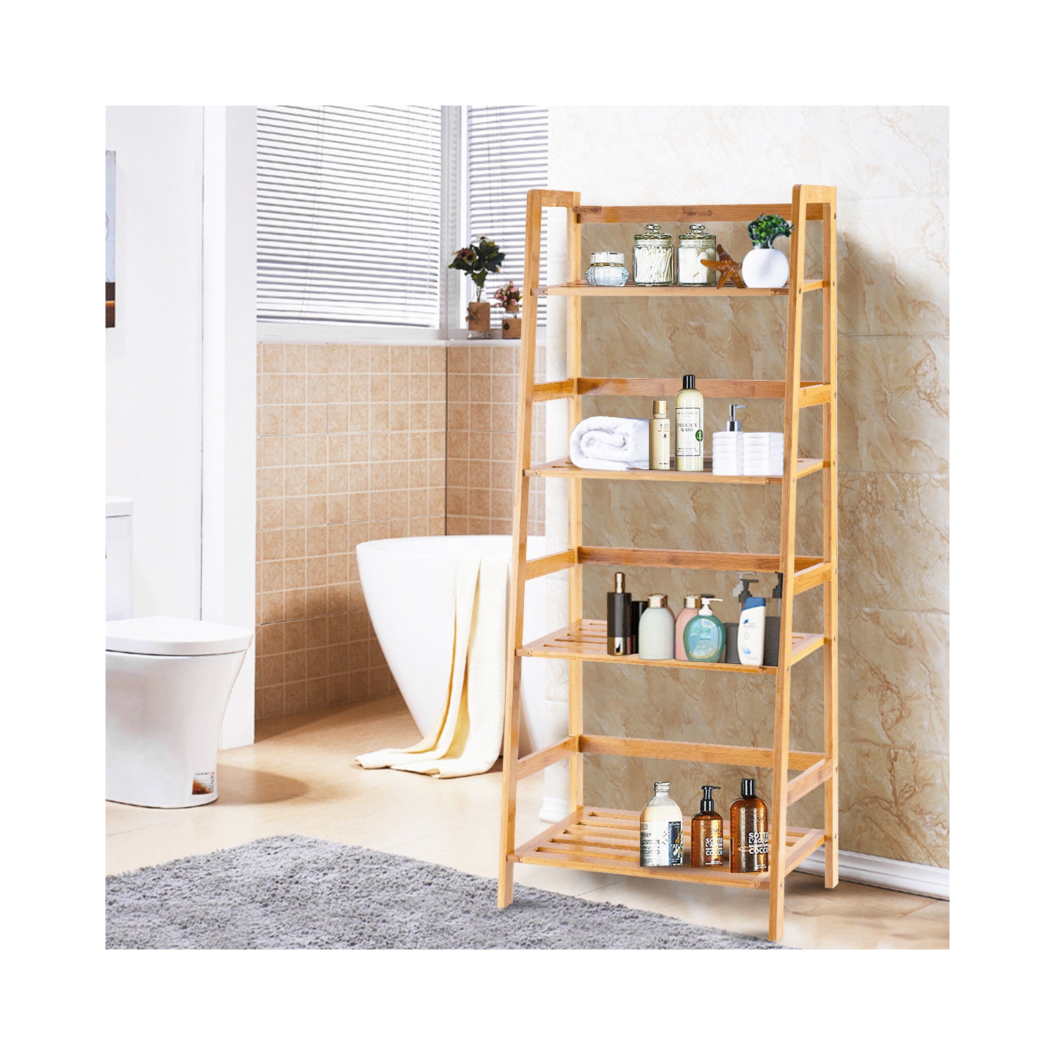 Étagère de Rangement avec 4 Tablettes en Bambou, Etagère de Fleurs, Meuble de Rangement de Salle de Bain, Bibliothèque pour Bureau, Salon, Cuisine,