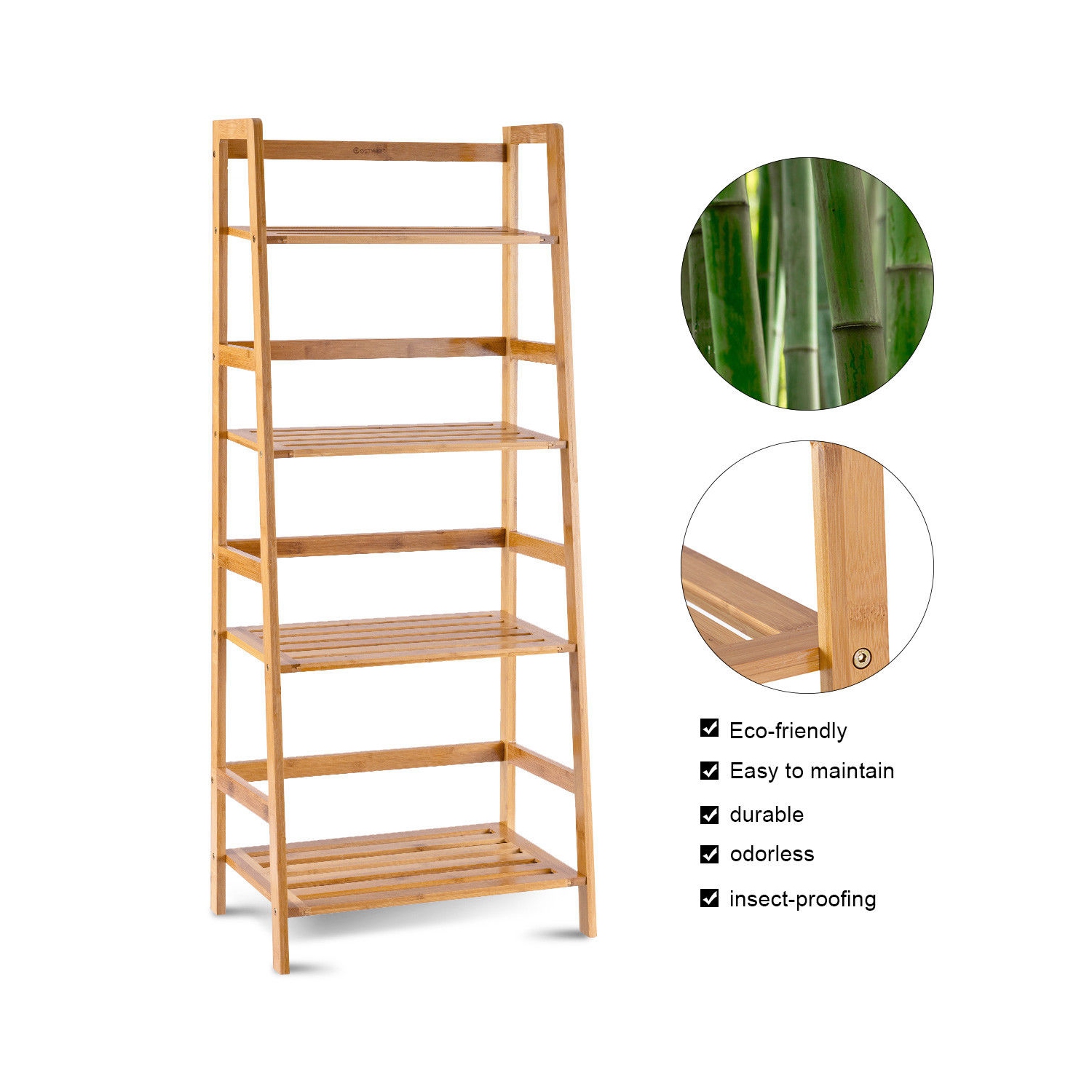 Étagère de Rangement avec 4 Tablettes en Bambou, Etagère de Fleurs, Meuble de Rangement de Salle de Bain, Bibliothèque pour Bureau, Salon, Cuisine,