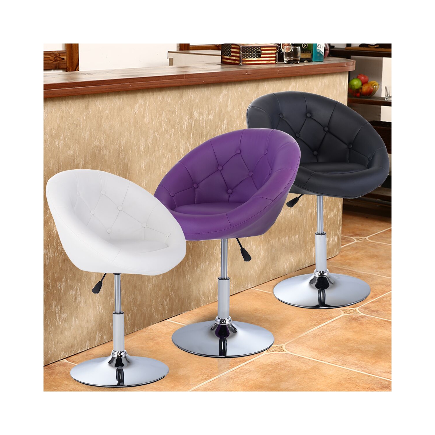 Costway 1PC PU Leather Adjustable Modern Swivel Round Accent Chair 3 color