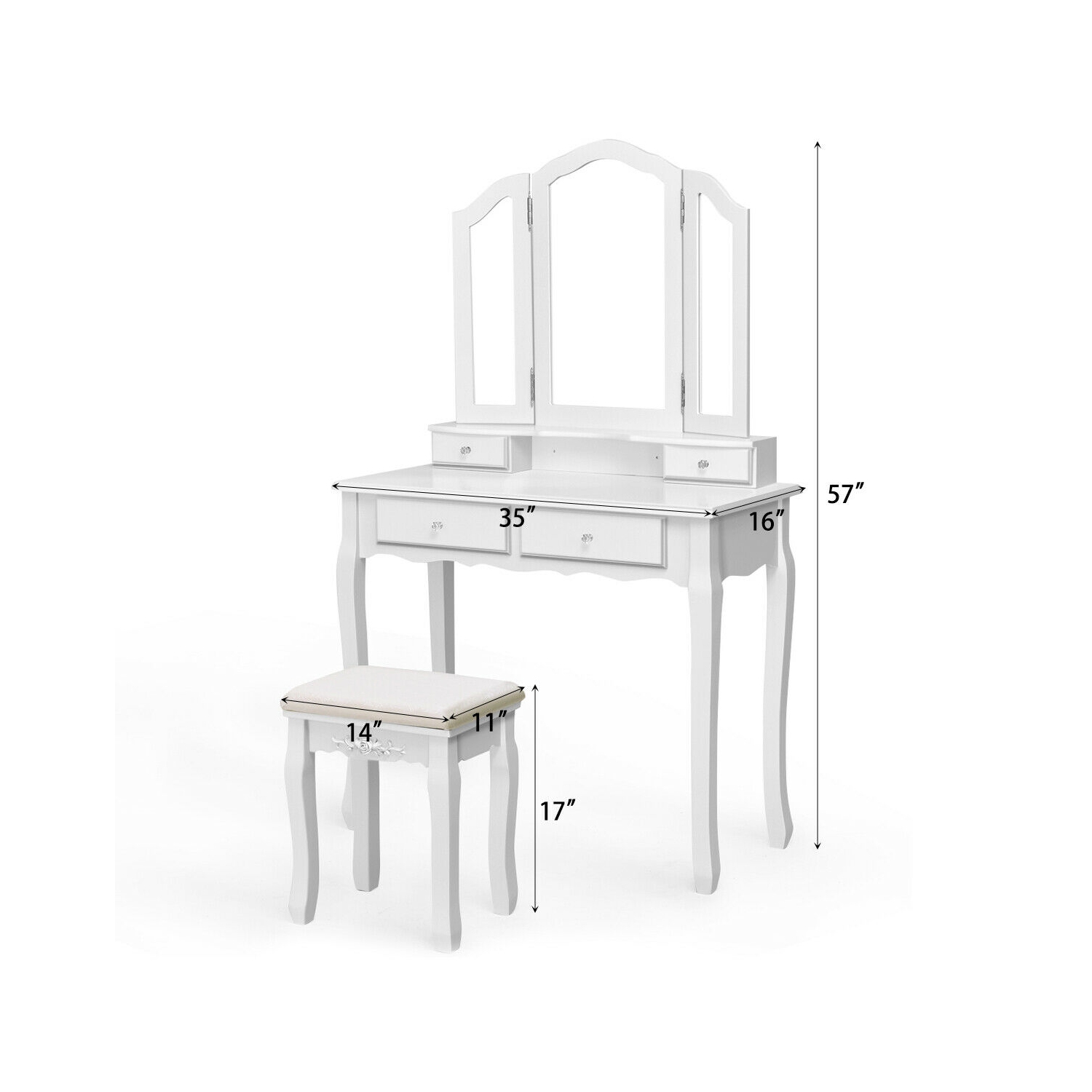 Ensemble de coiffeuse avec coiffeuse et coiffeuse et coiffeuse avec miroir repliable et tabouret de Costway - Blanc