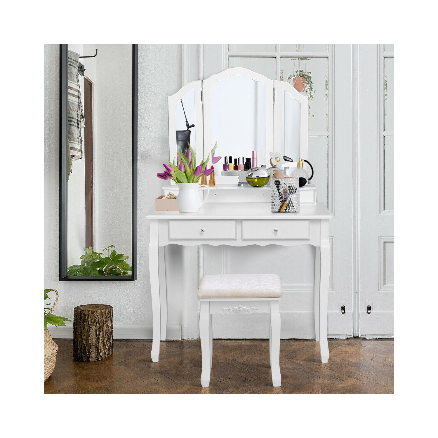 Ensemble de coiffeuse avec coiffeuse et coiffeuse et coiffeuse avec miroir repliable et tabouret de Costway - Blanc