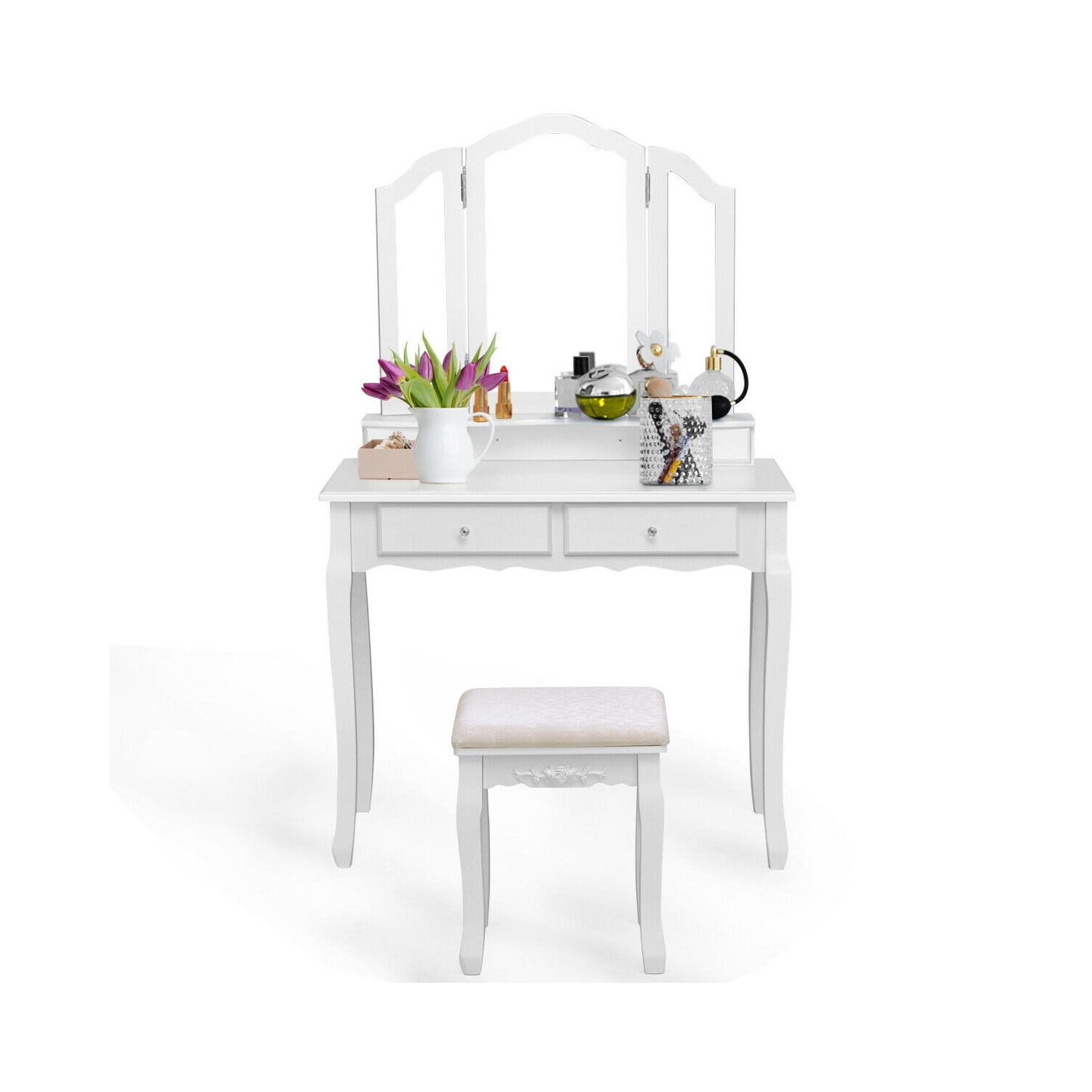 Ensemble de coiffeuse avec coiffeuse et coiffeuse et coiffeuse avec miroir repliable et tabouret de Costway - Blanc