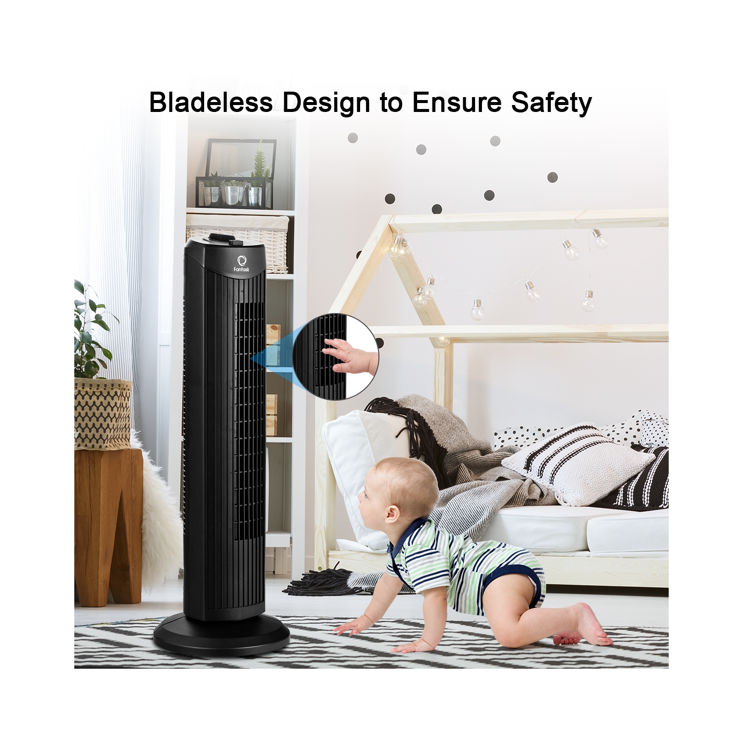 Fantask 35W 28" Oscillating Tower Fan 3 Wind Speed Quiet Cooling Black