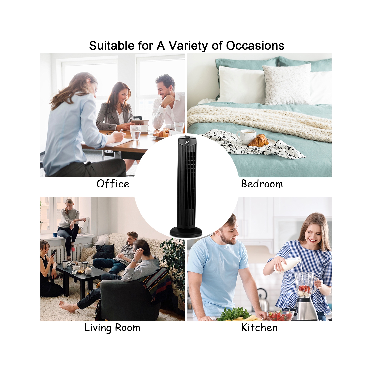 Fantask 35W 28" Oscillating Tower Fan 3 Wind Speed Quiet Cooling Black