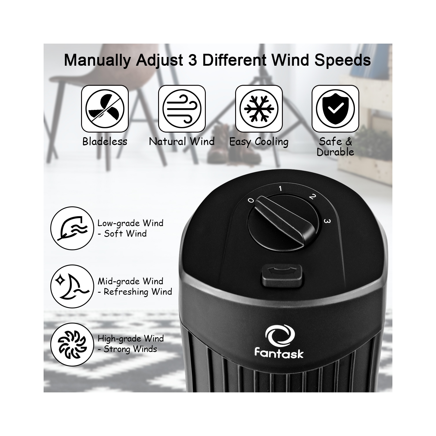 Fantask 35W 28" Oscillating Tower Fan 3 Wind Speed Quiet Cooling Black